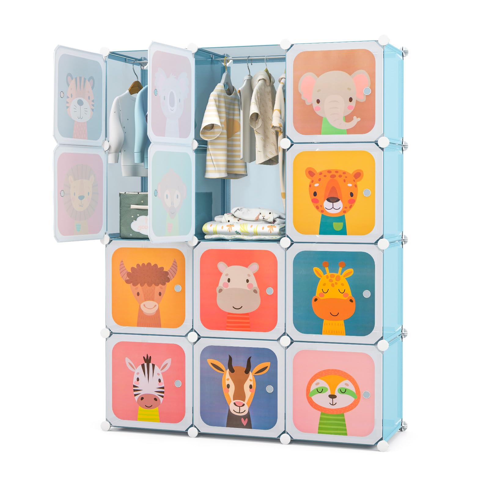 RELAX4LIFE Armadio Modulare a 8/12 Cubi per Bambini con 2 Barre Appendiabiti, 8/12 Ante, Mobile Salvaspazio per Cameretta e Asilo Nido, Portata di Ogni Cubo 10 KG (Animale-12 Cubi,Blu)