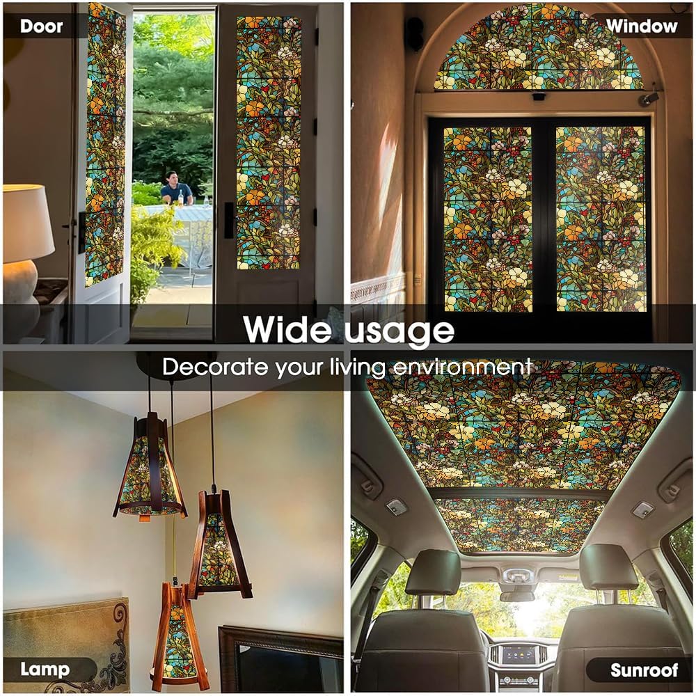 16“x118 Boho Antique Flower Double Side Window Films Art Decorative Window Privacy Tinting Film Self-Adhesive Static Glass Window Clings Stickers for Living Room Bathroom Glass Windows Decor