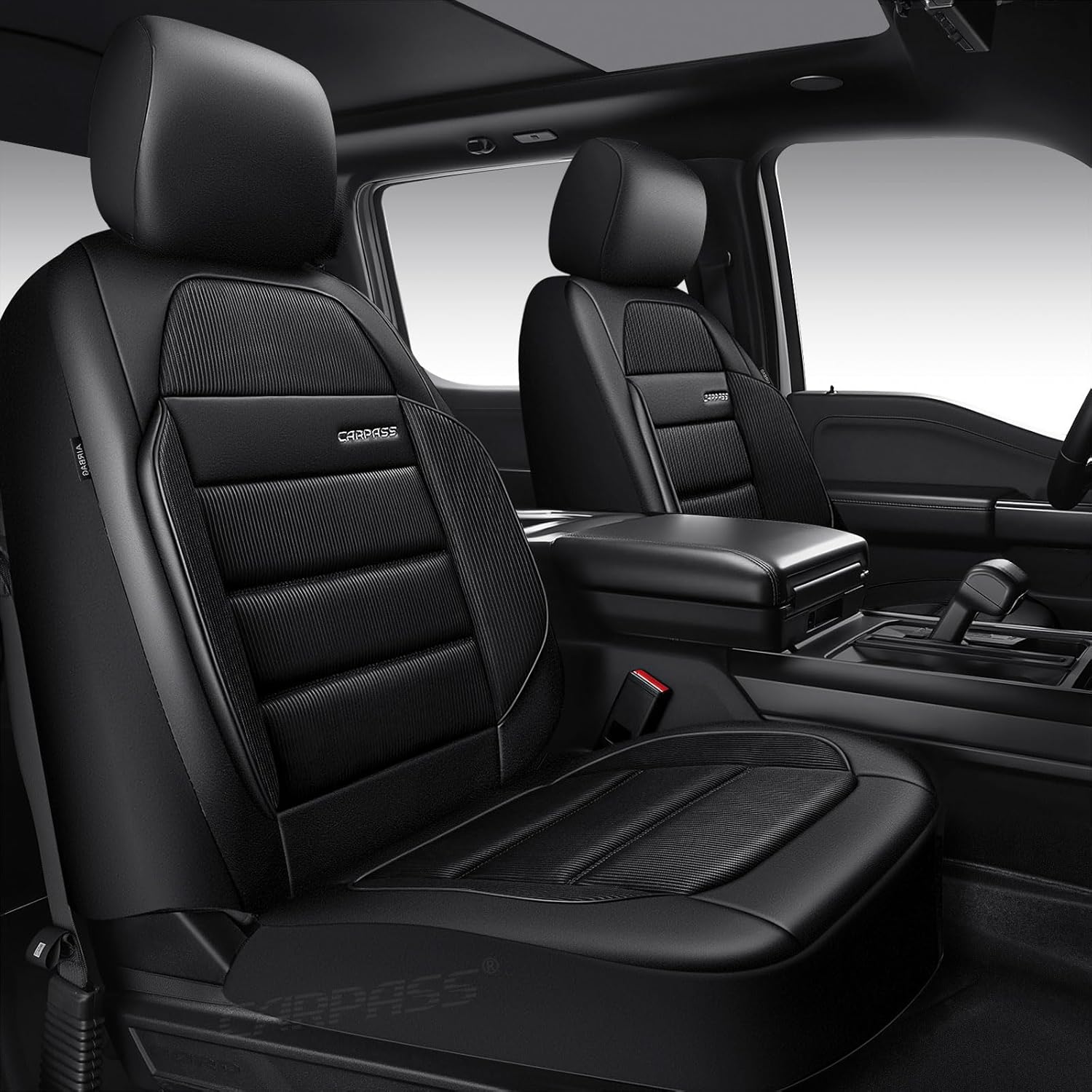 CAR PASS Memory Foam Seat Covers Front, Airy Cool Mesh Thick Car Seat Covers, Leather Car Seat Covers Front Seats Airbag Compatible, Universal Automotive Comfort for Most Cars, Trucks, SUV, Black