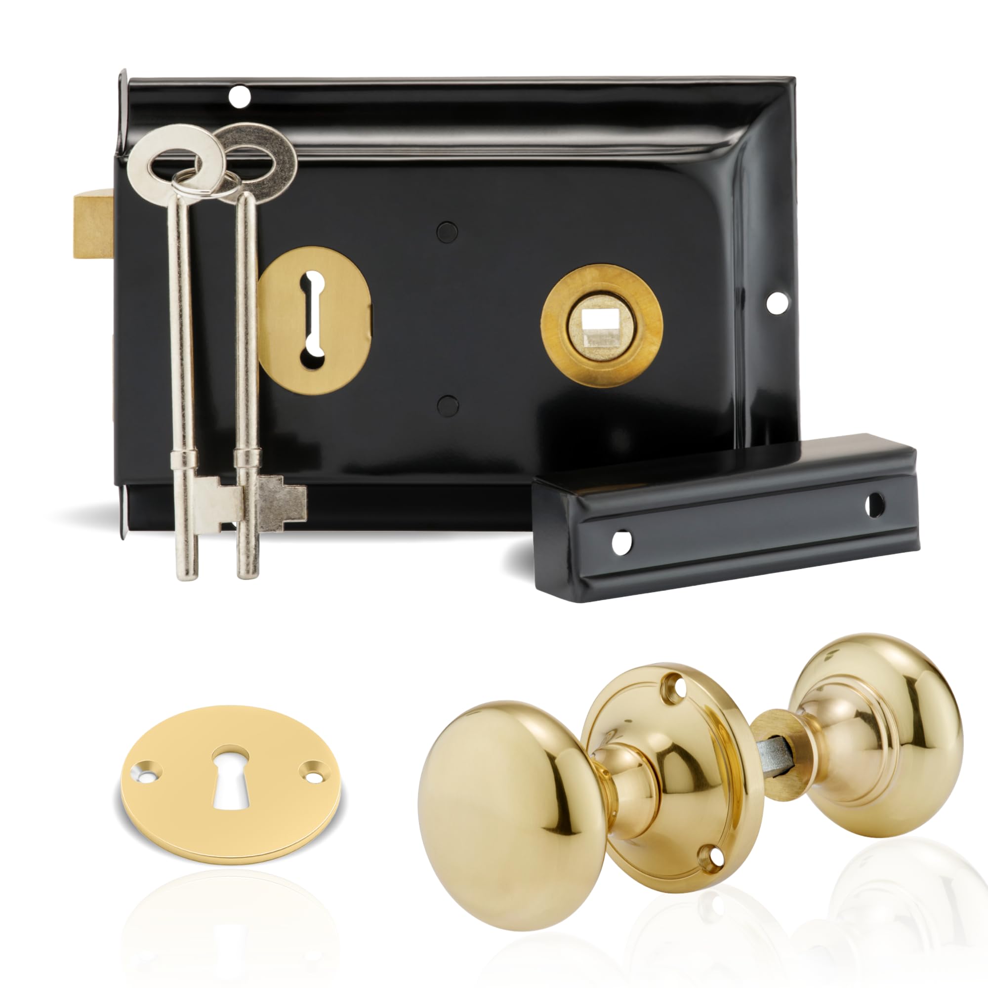Xfort Black / Brass Premium Range 6"X 4" Traditional Rim Lock Set With Polished Rim Knob, Surface Door Lock With Latch, Shed Lock With Key, Vintage Garden Gate Lock, For External Sheds, Gate Or Doors
