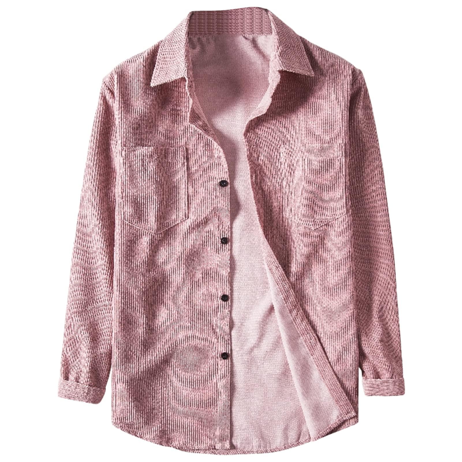 Maiyifu-GJ Mens Long Sleeve Corduroy Shirts Solid Color Button Down Ribbed Fall Tops Lightweight Casual Warm Shacket Jacket (Pink,X-Large)