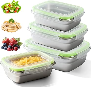 GBKDQQ Stainless Steel Lunch Box, Set of 3, Leak-proof Lunch Boxes with Lid, 350 ml + 850 ml + 1800 ml, Stackable Lunch Box, Lunch Box for Children and Adults, Ideal for School, Work, Camping