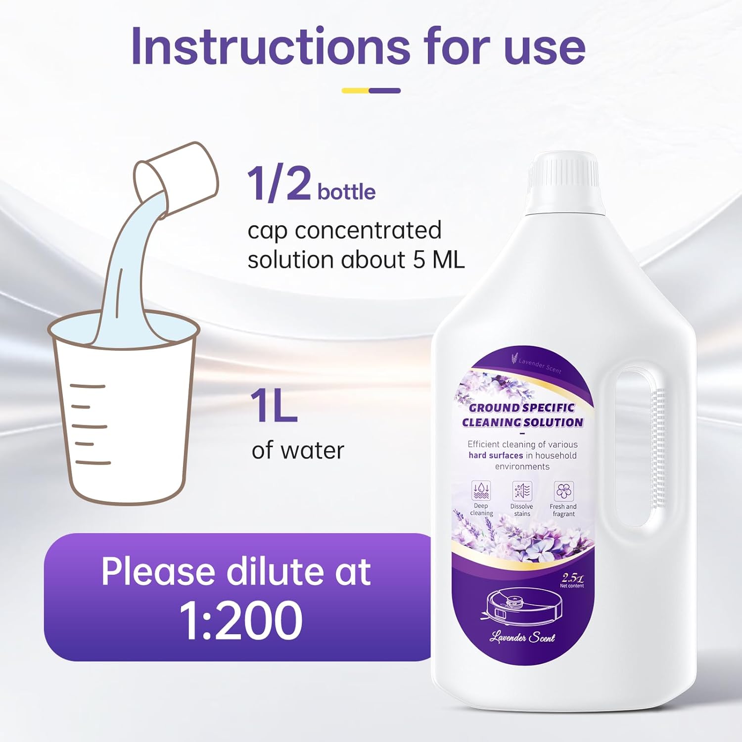 2.5L Floor Cleaning Solution Compatible with Roborock/Eufy/iRobot/Ecovacs/Dreame/Shark, Fragrance Deodorization, Deep Cleans for Multiple Hard Floors (2.5 Liter, 【Lavender】)
