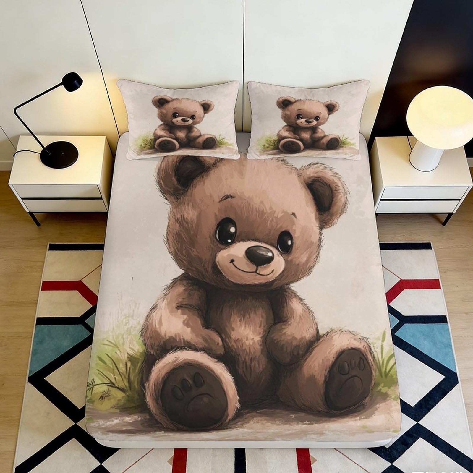Uynsixtme Style-4 3D Printed Cute Teddy Bear Fitted Sheet Microfiber Deep Pocket Non-Slip Bedroom Bedding Teddy Mattress Fitted Cover Washable 90X200x25cm