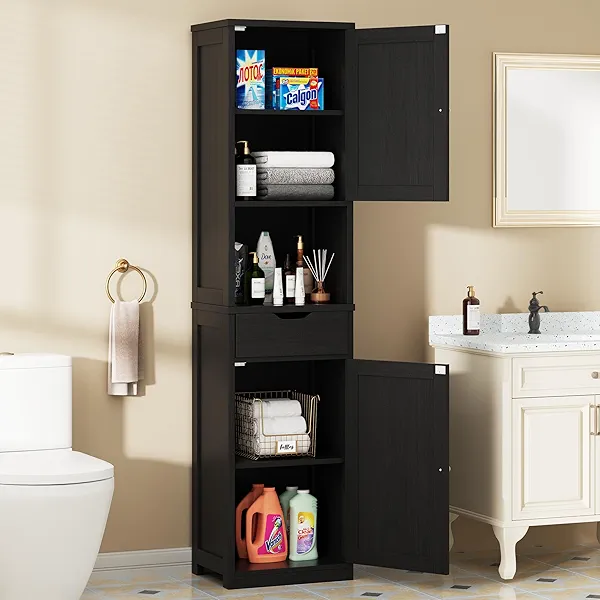 Walsunny Tall Bathroom Storage Cabinet with Freestanding Adjustable Shelves, Narrow Storage Linen Cabinet with 2 Doors and 1 Drawers for Bathroom, Living Room, Kitchen（Black