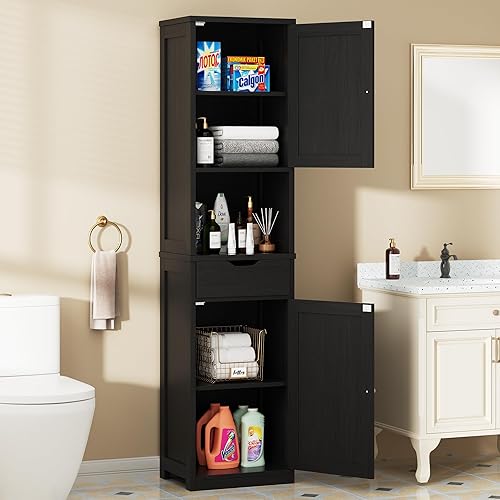 Walsunny Tall Bathroom Storage Cabinet with Freestanding Adjustable Shelves, Narrow Storage Linen Cabinet with 2 Doors and 1 Drawers for Bathroom, Living Room, Kitchen, Black