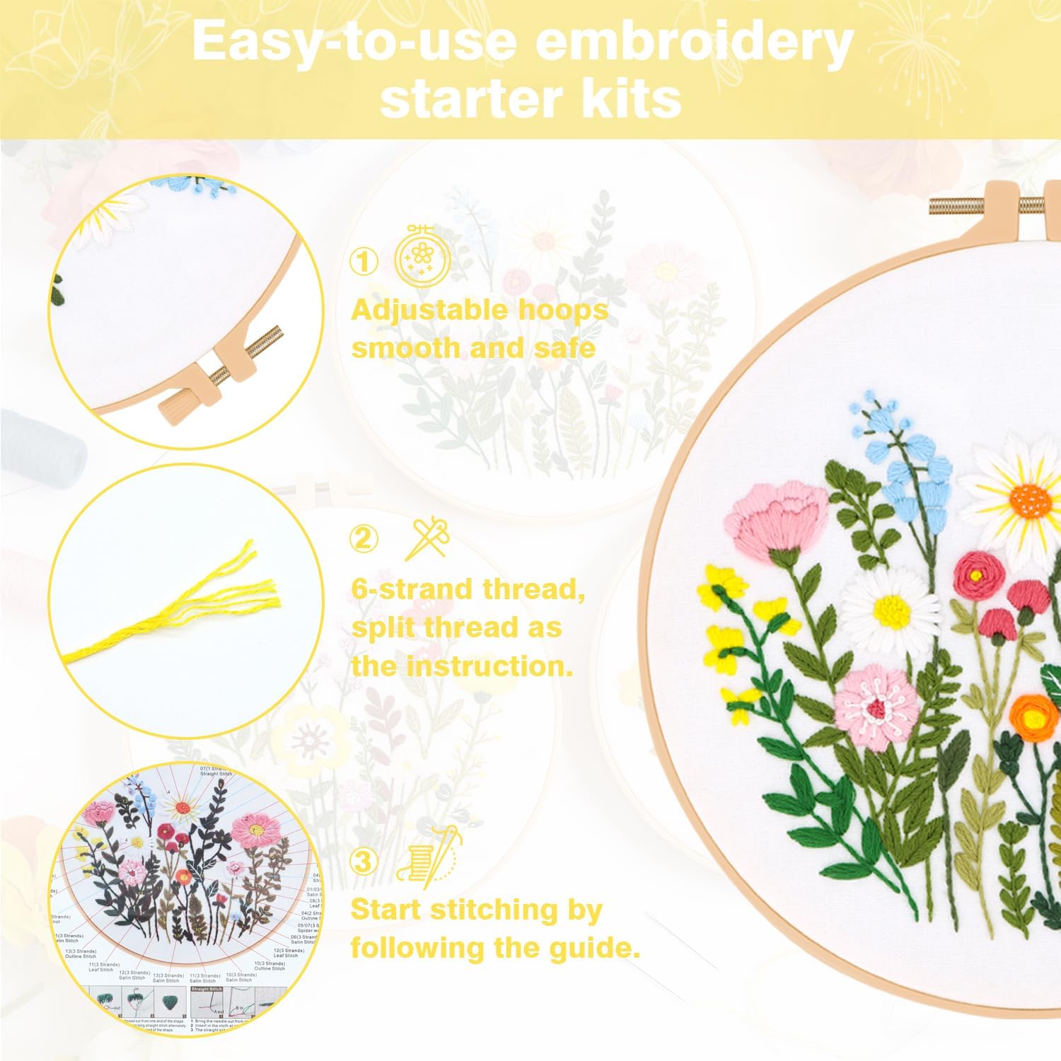 RidaaFri Embroidery Kit for Beginners, Set of 3 Flower Pattern DIY Practice Kits for Adults, Hand Embroidery Set with Step-by-Step Guide & Video Tutorial, Includes Hoop, Needles, Floss