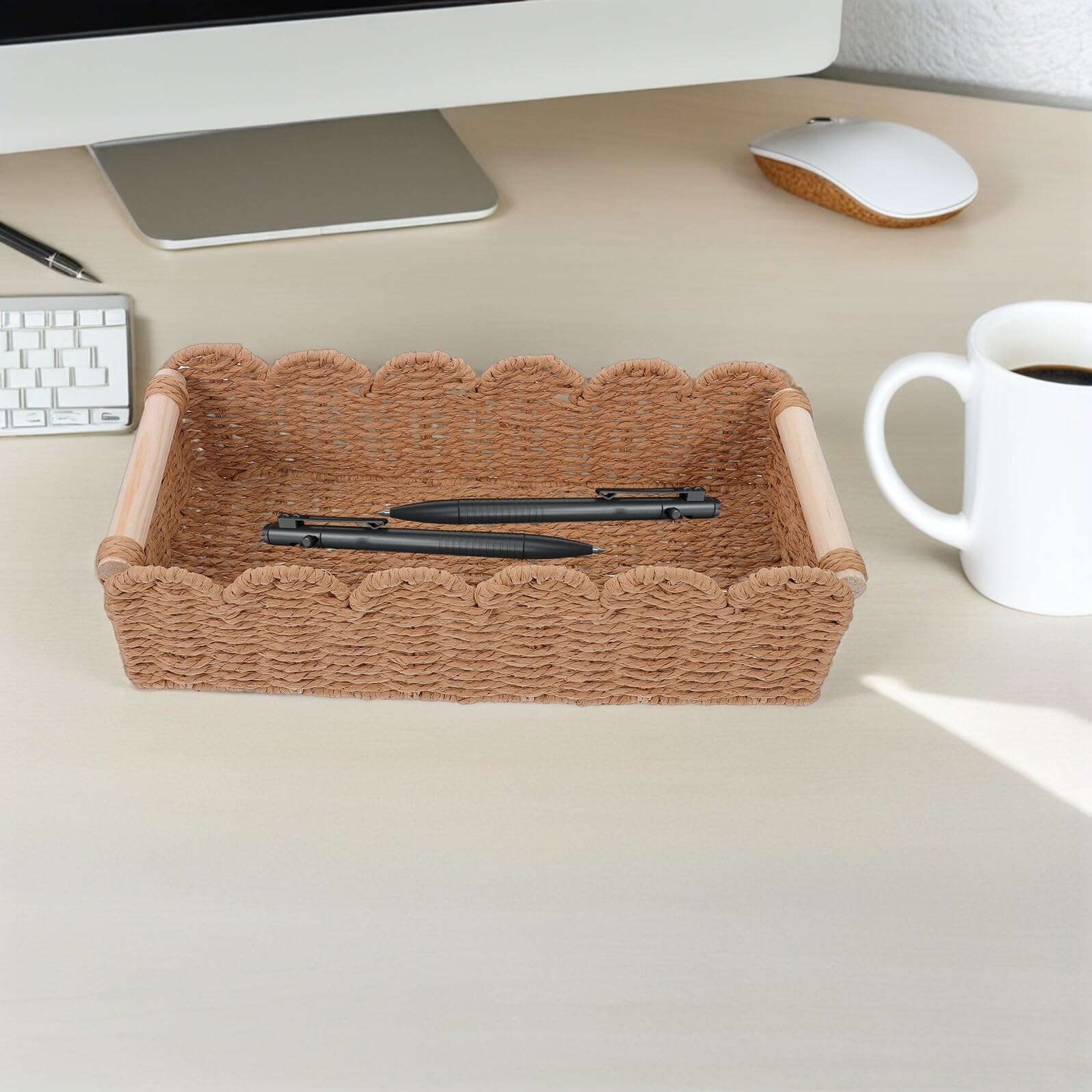 Cesta de Almacenamiento para Papel Higiénico con Borde Festoneado y Asas de Madera, Cesta Grande y Pequeña de Cuerda de Papel Tejida, Organizador Decorativo para Baño y Estante, 2