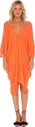 SHU-SHI Womens Kaftan Cover Up Short Dress Cold Shoulder Gold Beads V Neck