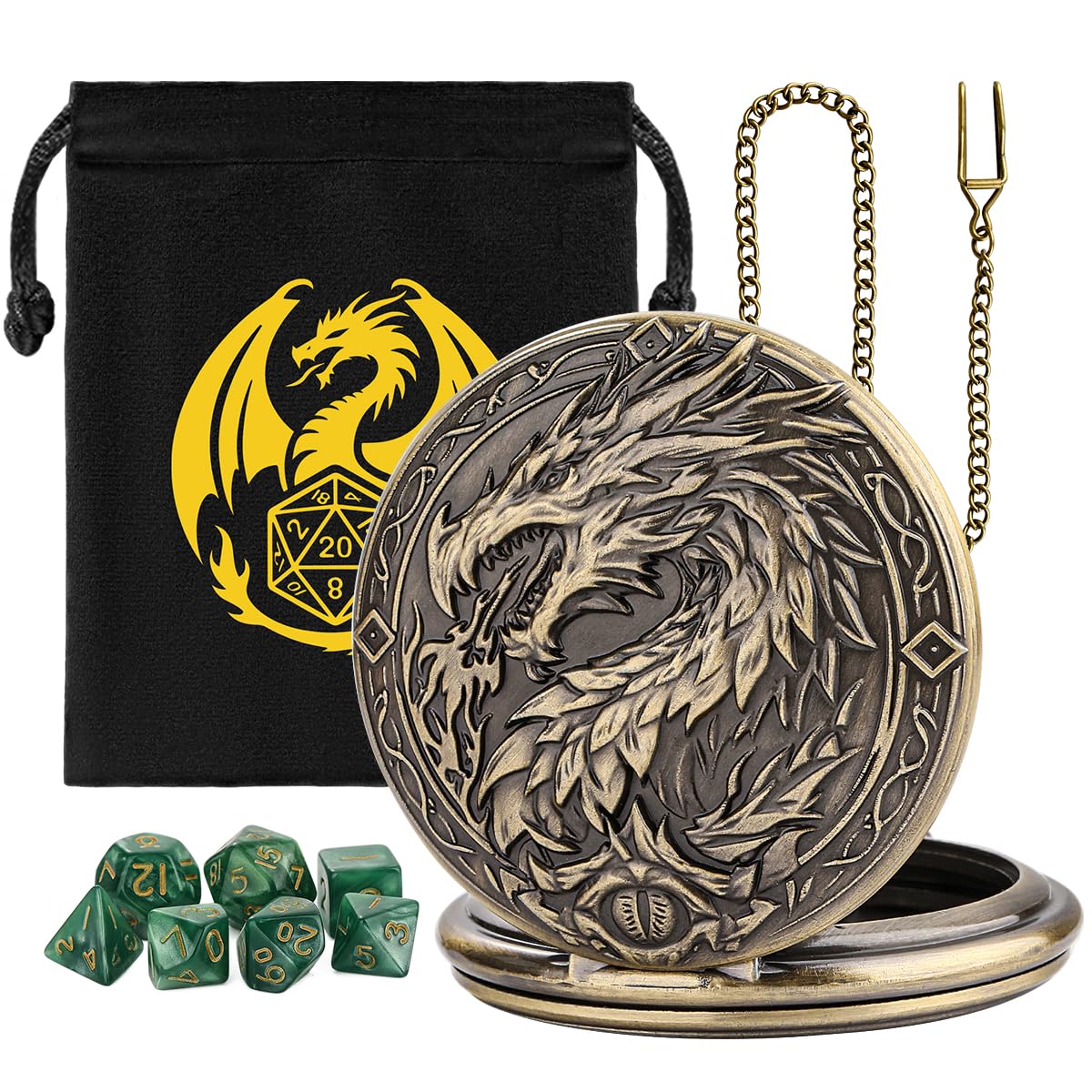 Mini DND Dice Set with Steampunk Dragon Large Pocket Watch Shell Case, 7-Piece Polyhedral Acrylic D&D Dice, DND Gift Bag with Dragon Logo, Role Play Board Game Accessories, Bronze + Green