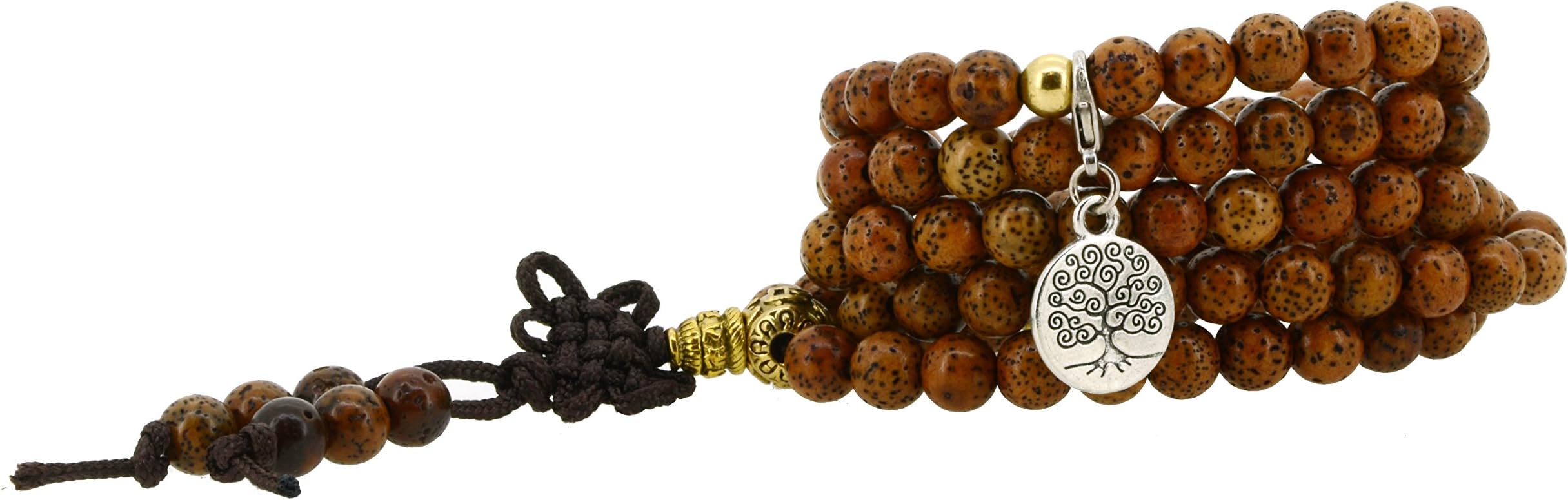 Unisex Yoga Meditation 108 Tibetan Bodhi Brass Prayer Beads Daemonorops Seeds Mala Wrap Bracelet Necklace (Round Tree of Life)