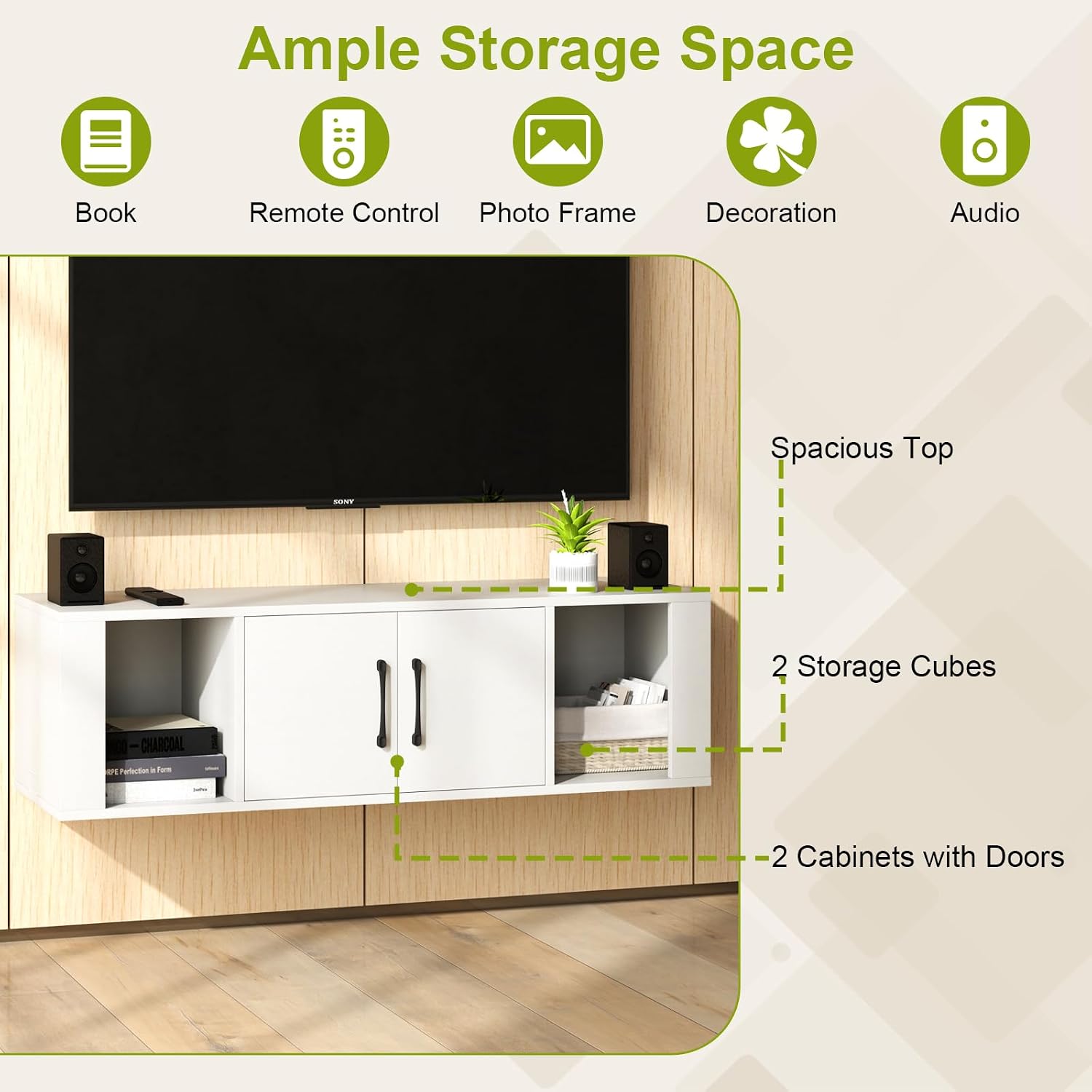 LOKO Floating TV Stand, Wall-Mounted Storage Cabinet, Hanging Organizer Under TV with 2-Door Cabinet & 2 Cubes, Modern Hutch Storage Desk for Living Room, Study, Bedroom, Office, White (White)