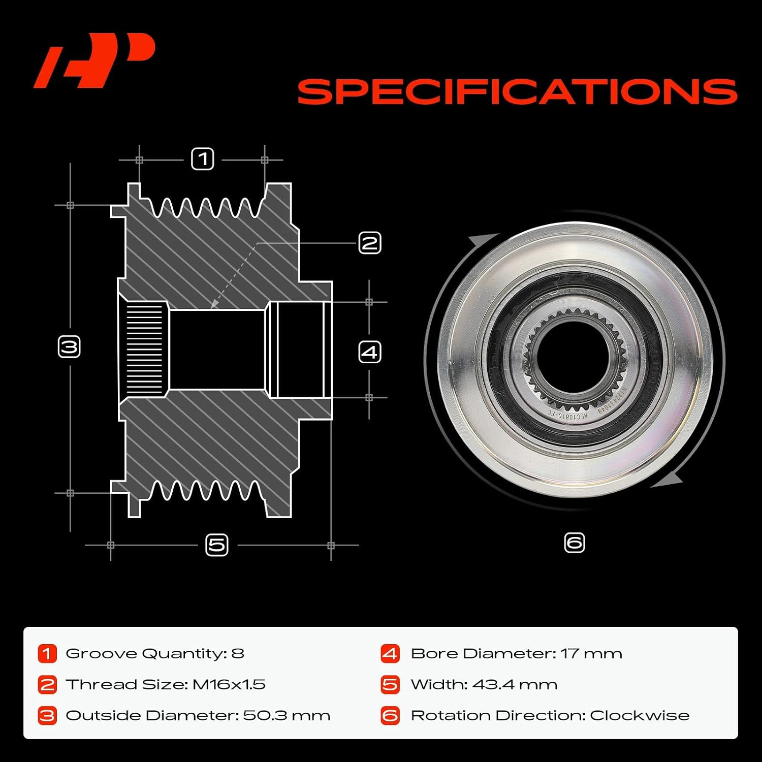 A-Premium Alternator Freewheel Clutch Pulley, 8 Grooves, Compatible with Mercedes-Benz X164 Series GL320 2007-2008 3.0L, Clockwise