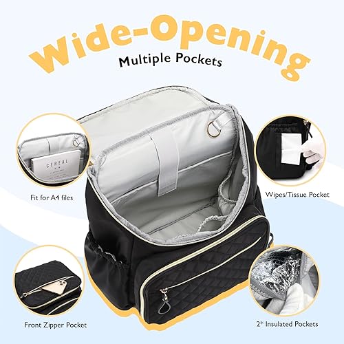 Miniatura 4 de Mochila para pañales de gran capacidad con hebilla para cochecito, bolsa de bebé de viaje resistente al agua con bolsillos aislados, Negro, Grande,