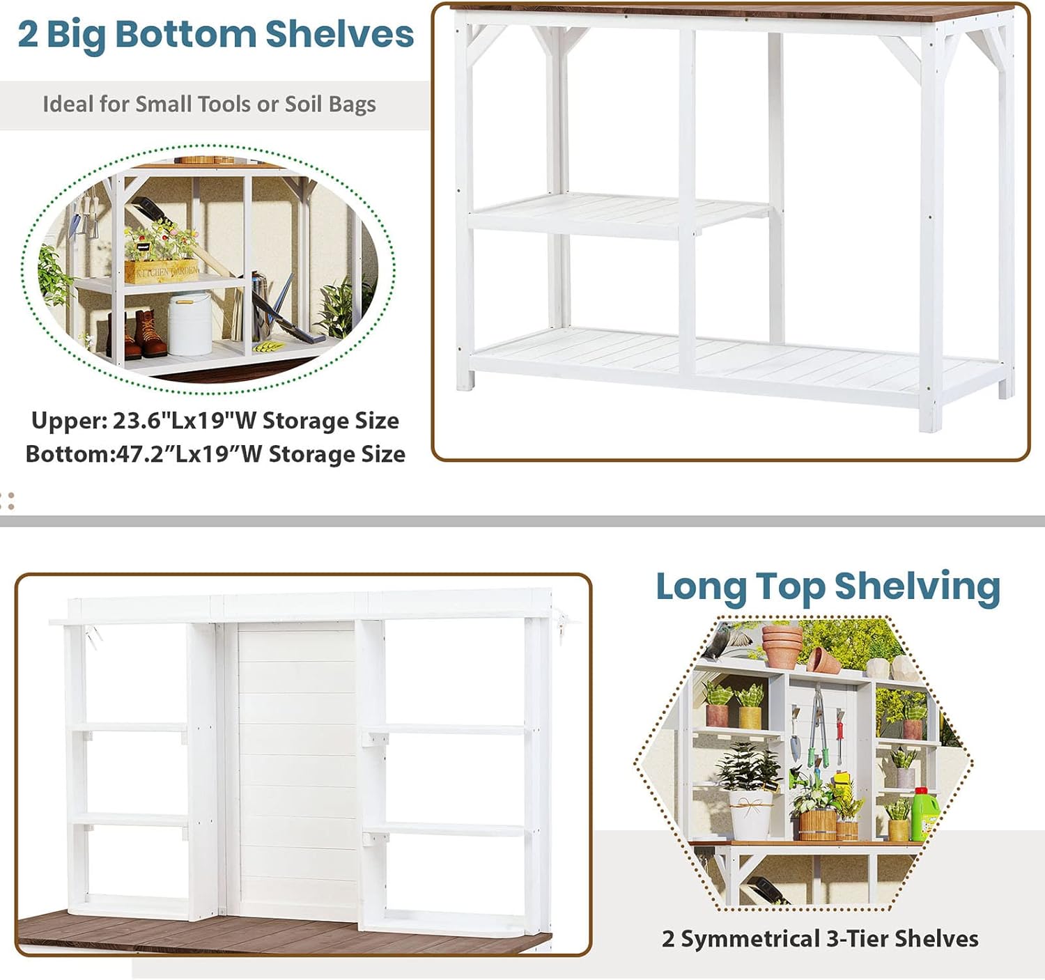 Outdoor Garden Potting Bench Table with 6-Tier Storage Shelves and Side Hook, 64.6" Large Wooden Patio Work Station, Potting Benches for Outside, Mudroom Backyard Work Bench Table (White)