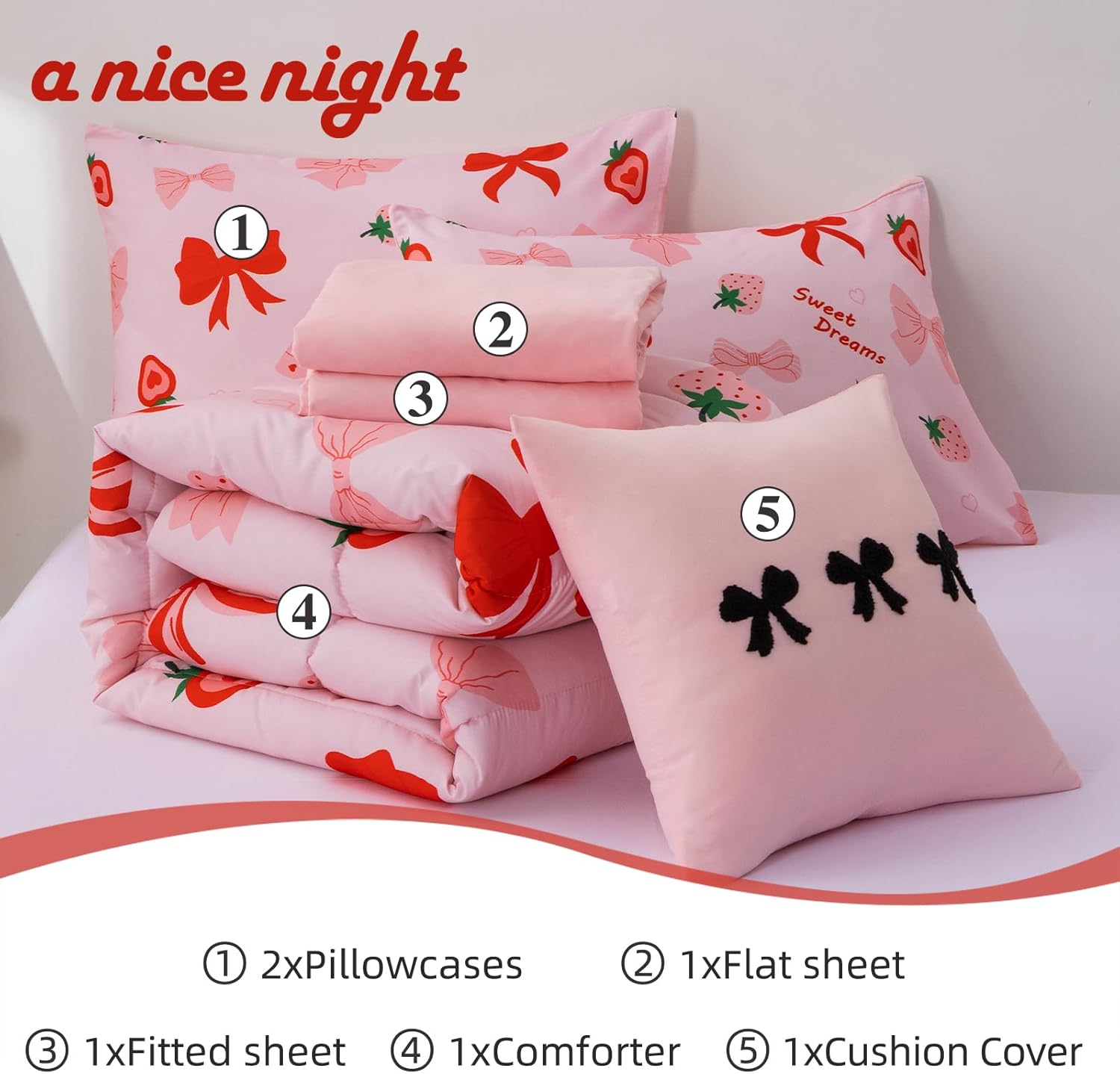 A Nice Night Red Bow Comforter Set,6 Piece Bed in a Bag Matching Sheet Set,Cute Ribbon Bowknot Bedding Sets,Princess Style Strawberry Printed,Light Pink Room Decor for Girls,Full