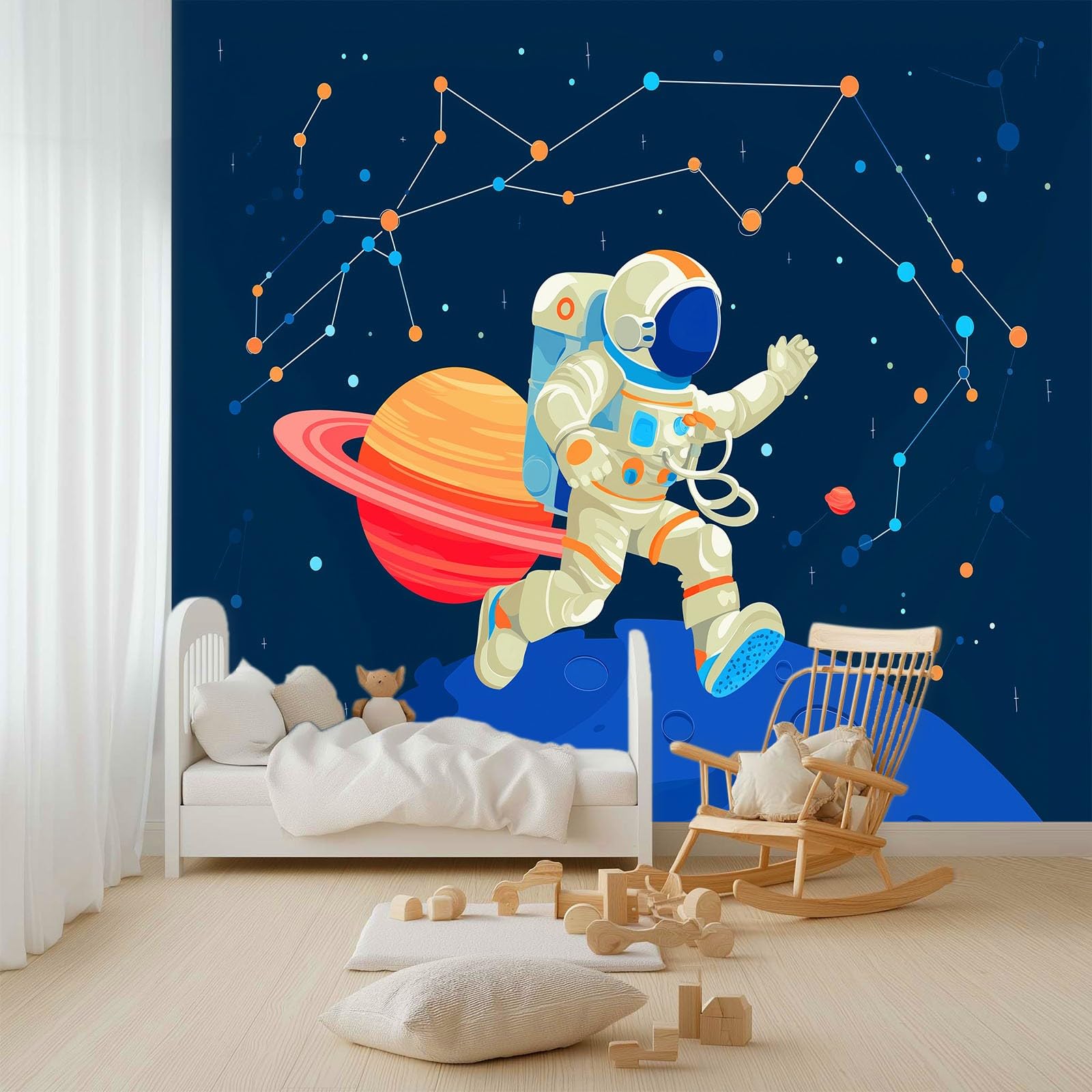 Fototapeta z włókniny, styl kreskówkowy, tapeta 200 x 140 cm (szer. x wys.), nowoczesna tapeta z włókniny, efekt 3D, dekoracja ścienna, księżyc, astronauta, gwiazdy, tapeta ścienna, tapeta ścienna