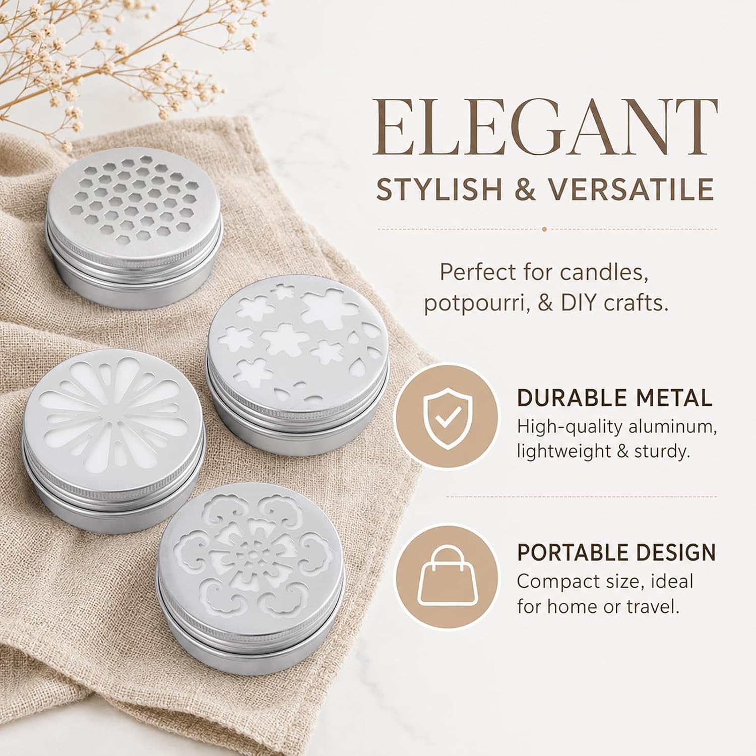 Psyqtsuary 4 Pcs 2oz Scent Beads Container, Empty Metal Tins Storage Containers with Hollow Lids Perfume Air Freshener Diffuser Refillable Small Round Jars for Aromatherapy Travel Storage