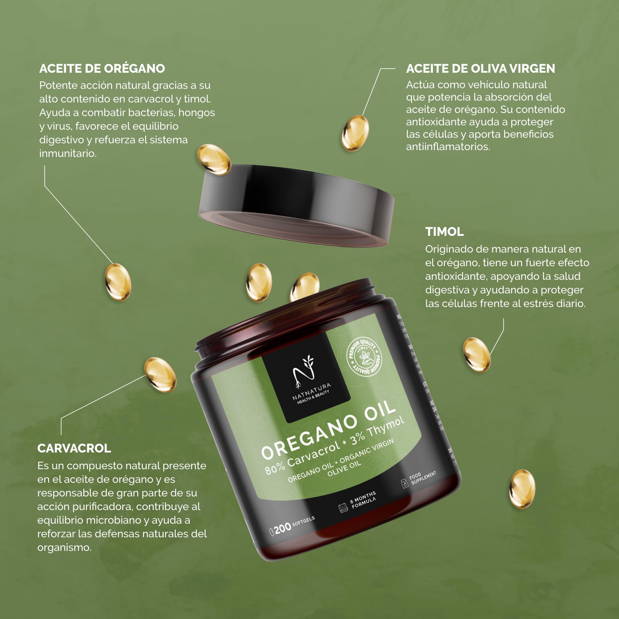 Aceite de Orégano 80% + 3% Timol | Con Aceite de Oliva Virgen Ecológico | Bienestar y Defensa Natural | 200 cápsulas | 6 Meses Fórmula | NATNATURA