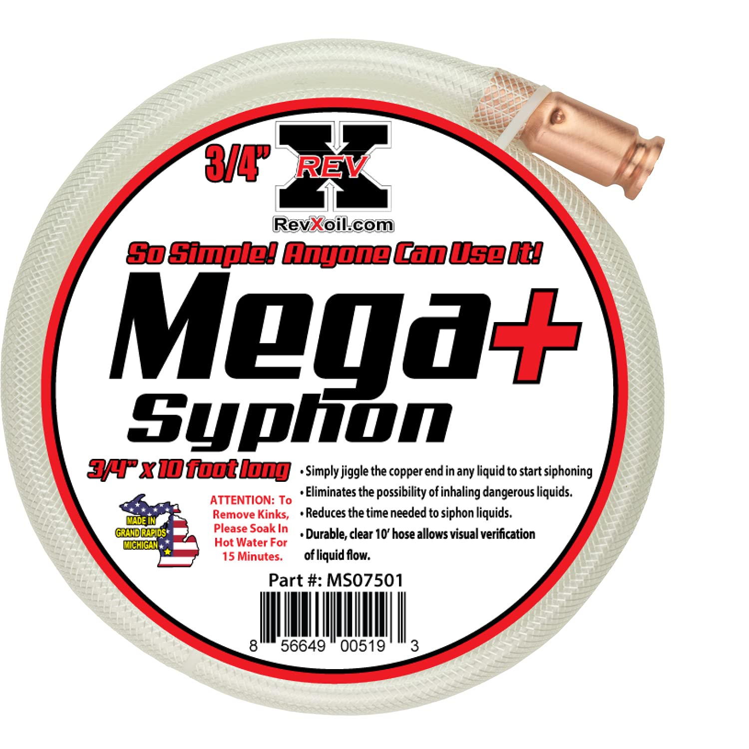REV X Mega Syphon 3/4" x 10 Foot Long Self Priming Safe Siphon Hose for Water, Gas, Fuel