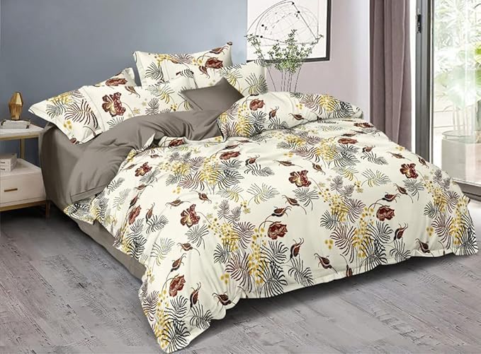 NEW LEAF All-Season Printed Super Soft Light Weight 4 Pcs Comforter Set with 1 Bedsheet 2 Pillow Covers- Light Weight Comforetr/Ac Blanket/Quilt - Double, 220 GSM | Off White & Maroon
