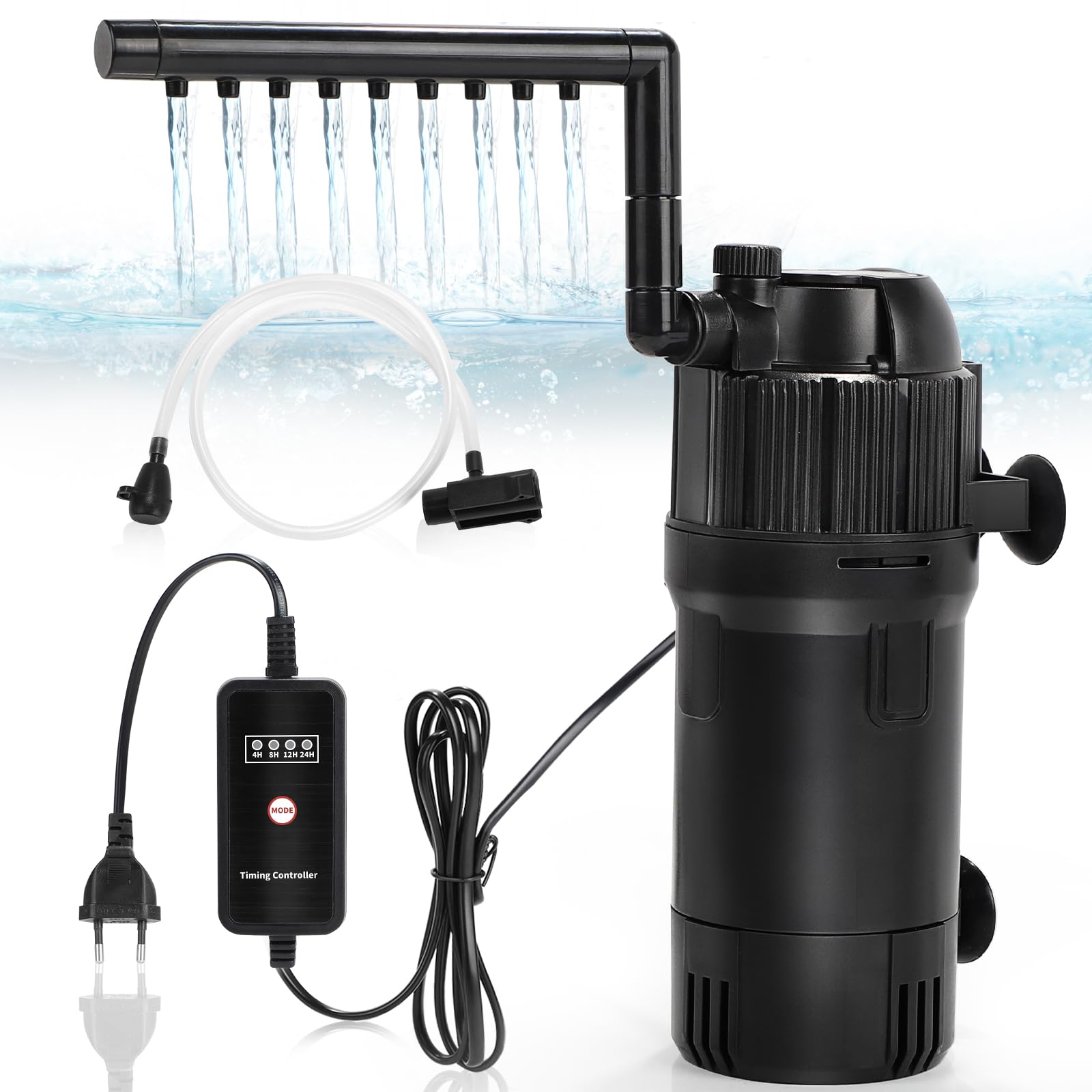 DBREAKS Filtr wewnętrzny do akwarium 5 w 1, 400 l/h, pompa z lampą UVC 3 W i timerem, regulowany filtr akwariowy do akwariów