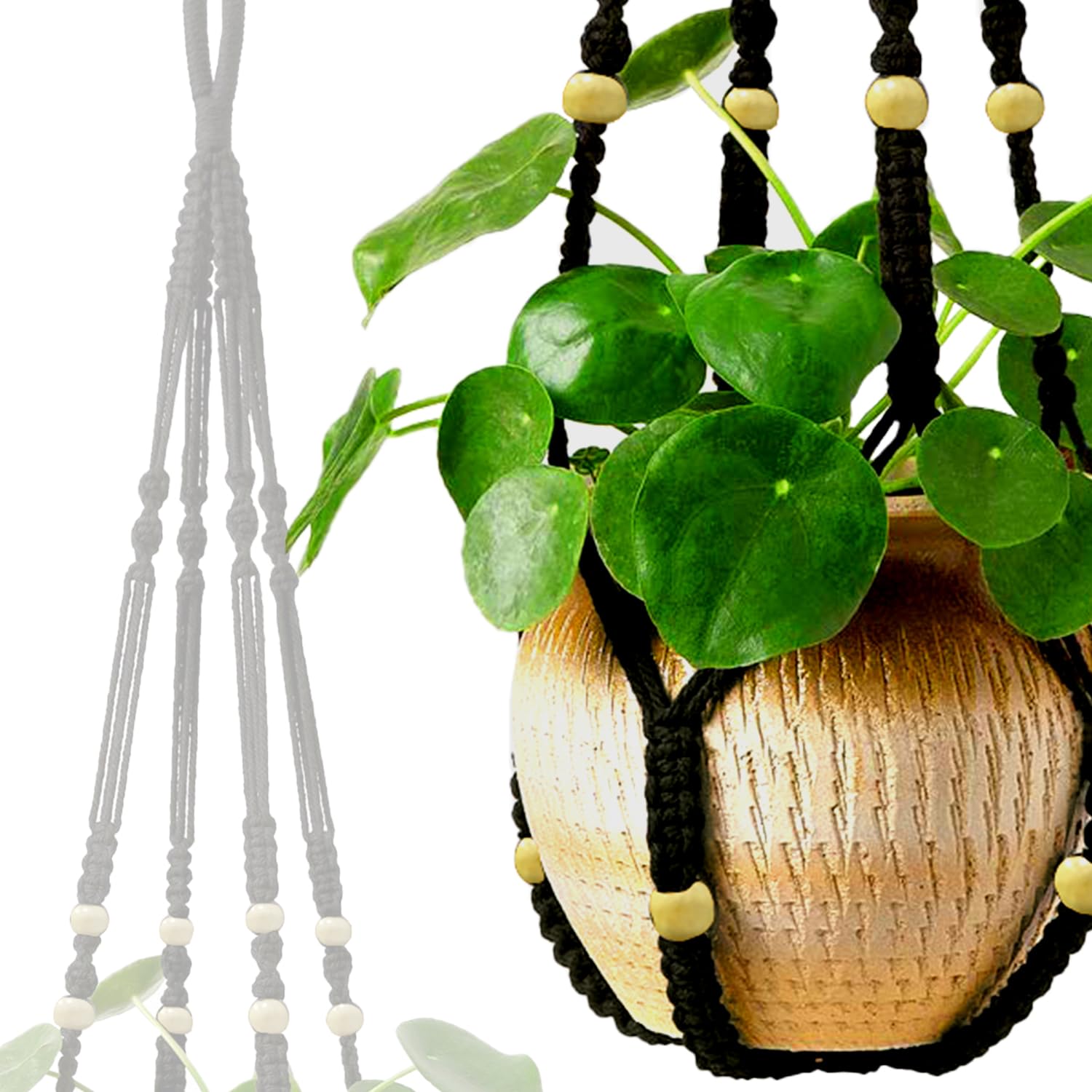 Love N Beyond Aster Macrame Plant Hangers, Unique Designs,Handmade Cotton Rope Hanging Planters Flower Pots Holder Stand, for Indoor Outdoor Boho Home Décor Without Tassel (Black Set of 2) 4