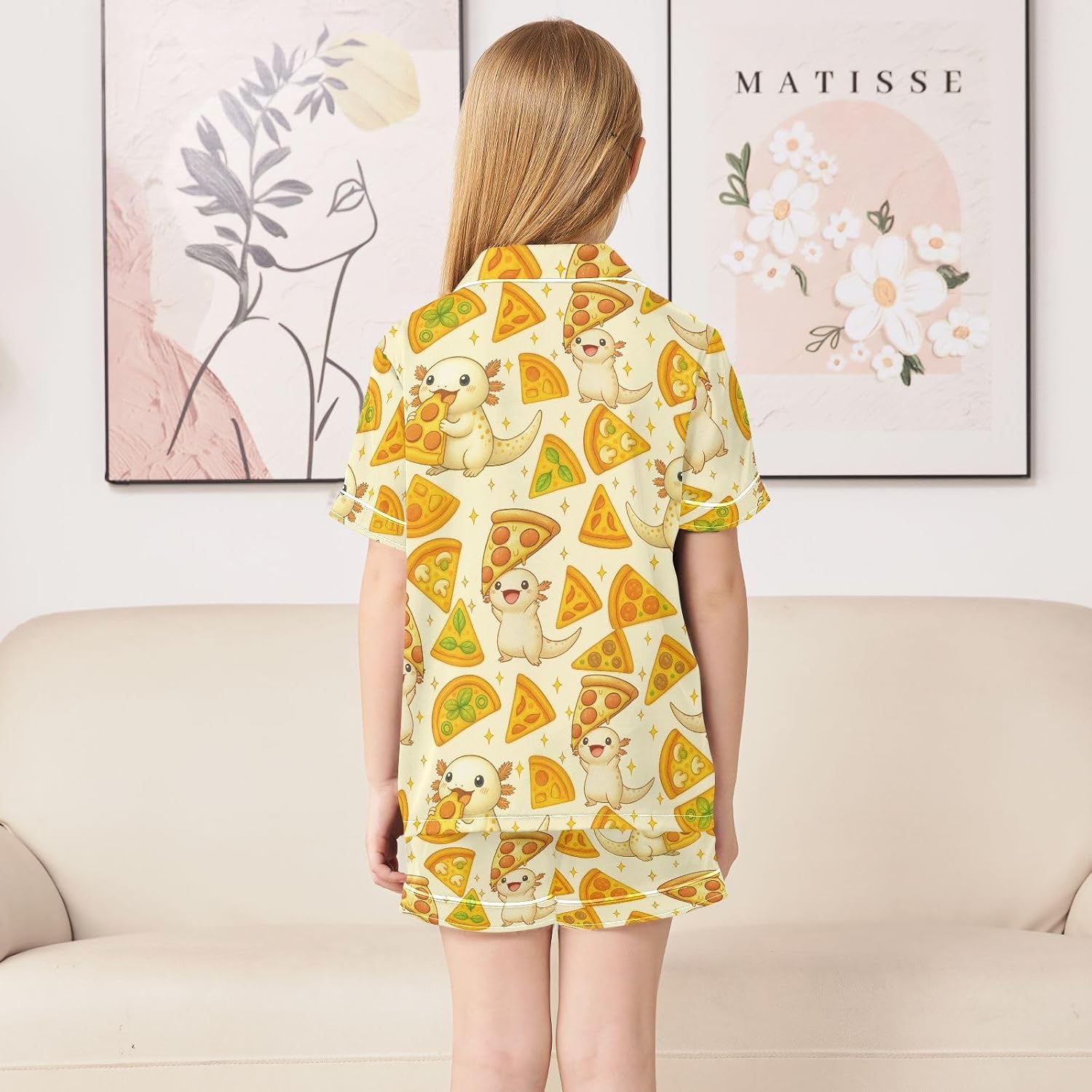 Kids Casual Satin Wear Set Cute Dinosaur Playing Music Unisex Short Sleeve Clothing for Relaxing
