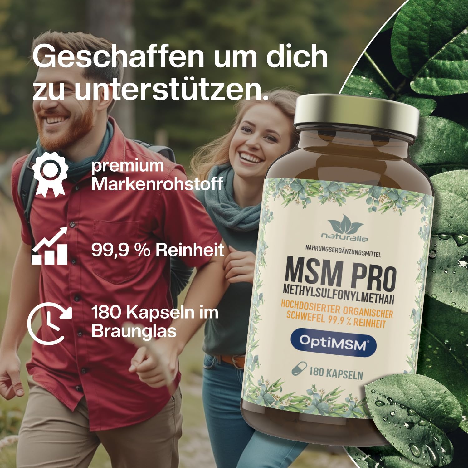 naturalie® MSM PRO - 1,6 g reines Methylsulfonylmethan pro Tagesdosis - 99,9% Reinheit dank OptiMSM™ mehrfach Destillation - ohne unnötige Zusatzstoffe - 180 Kapseln im BPA-freien Braunglas
