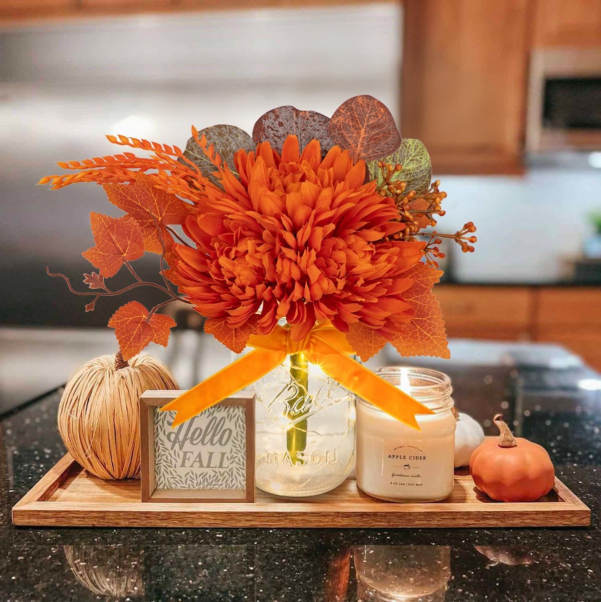 Fall Mason Jars Centerpieces with Lights for Table, Fake Mums Artificial Flowers Floral Arrangements for Autumn Decor, Faux Mums in Mason Jars Fall Decorations for Home, Harvest, Thanksgiving Decor - Image 5