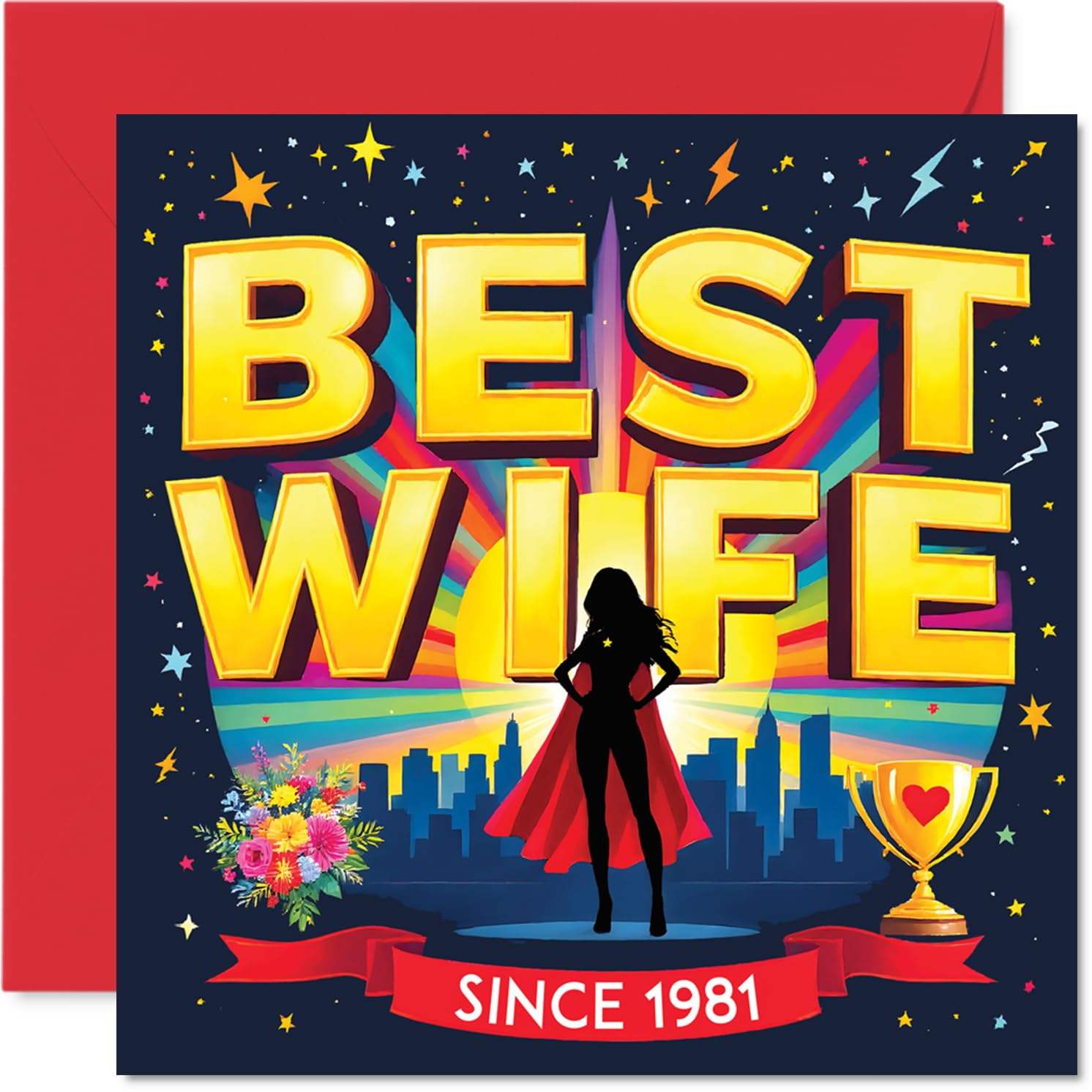 Playful 45th Anniversary Card - Superhero Vibes Since 1981 - Bold Silhouette with Flowers and Trophy - 145mm Square, Envelope Included