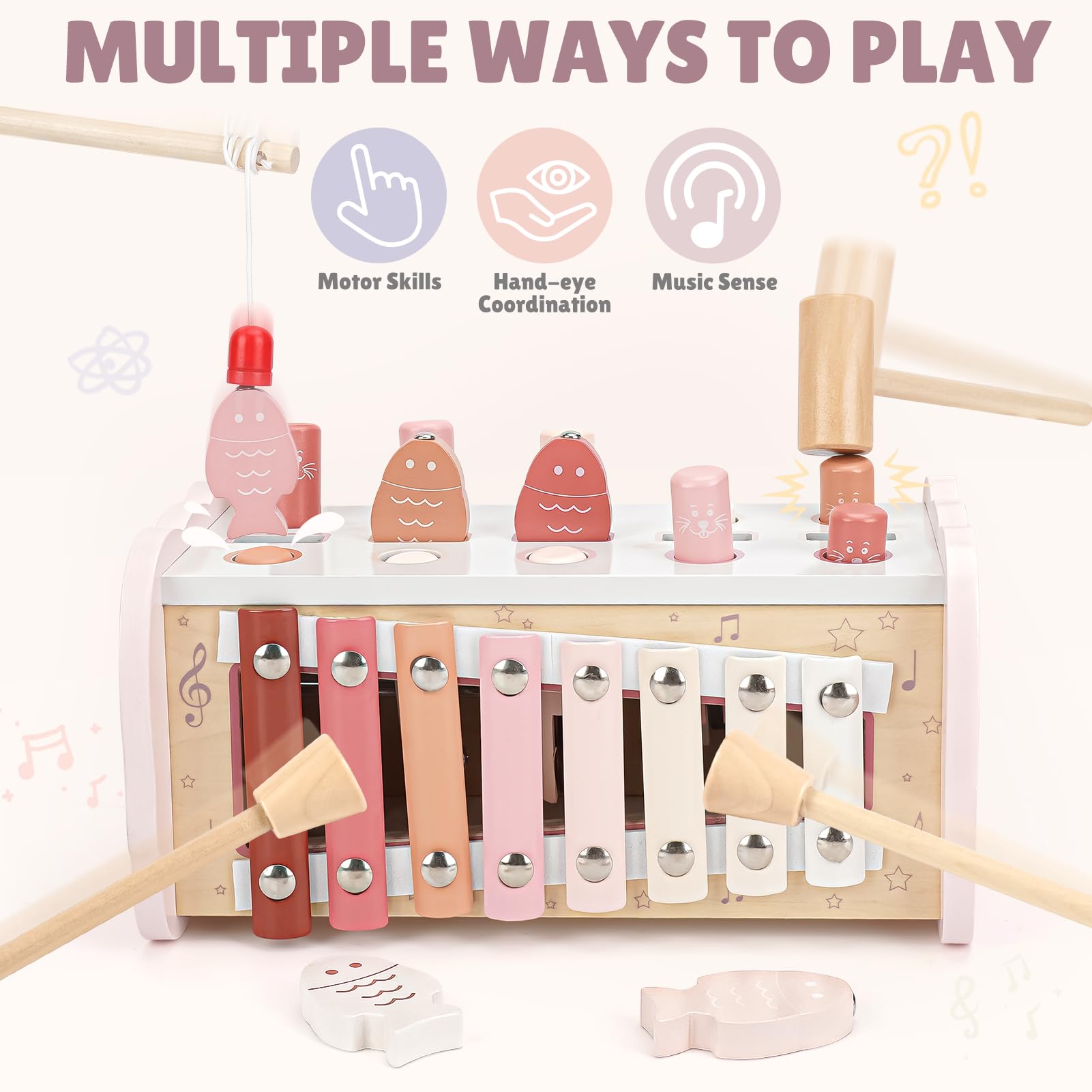 Joyreal Jeux Montessori 1 an - 4 en 1 Xylophone Bebe, Jeu Pêche, Jeu Marteau, Jouet en Bois, Motricité Bébé, Jeux Educatif Jouet d'Éveil Cadeau Anniversaire 1 2 3 Ans Fille Garcon
