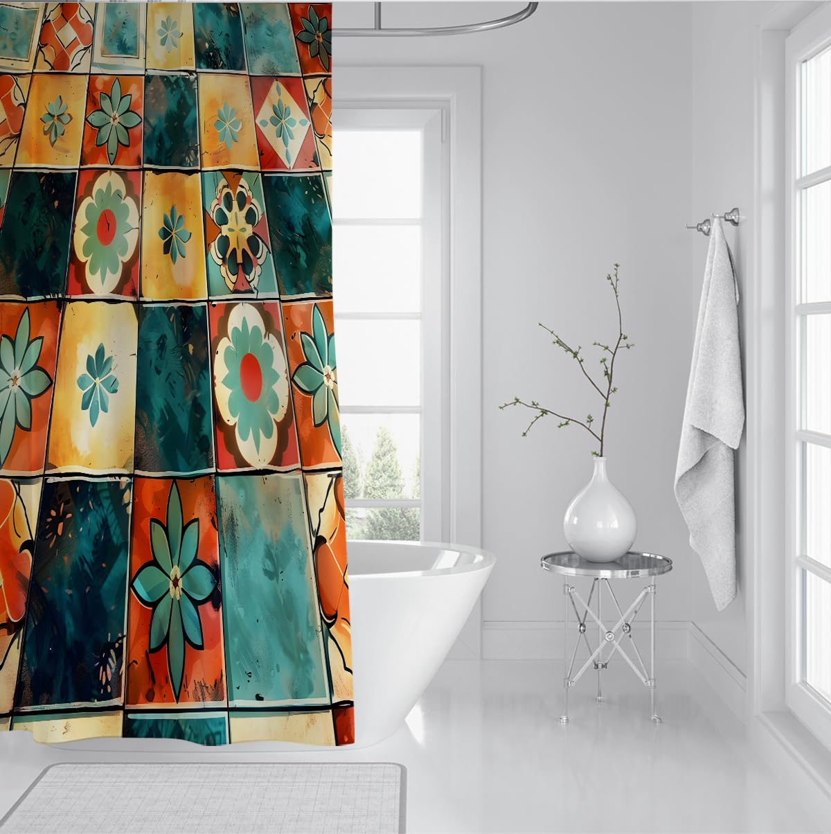 Boho-Geometrische Blumen-Duschvorhang Badezimmerdekoration im mediterranen Stil Lebendiges ethnisches Fliesenmuster Stoff-Duschvorhang wasserdicht 200 x 220 cm