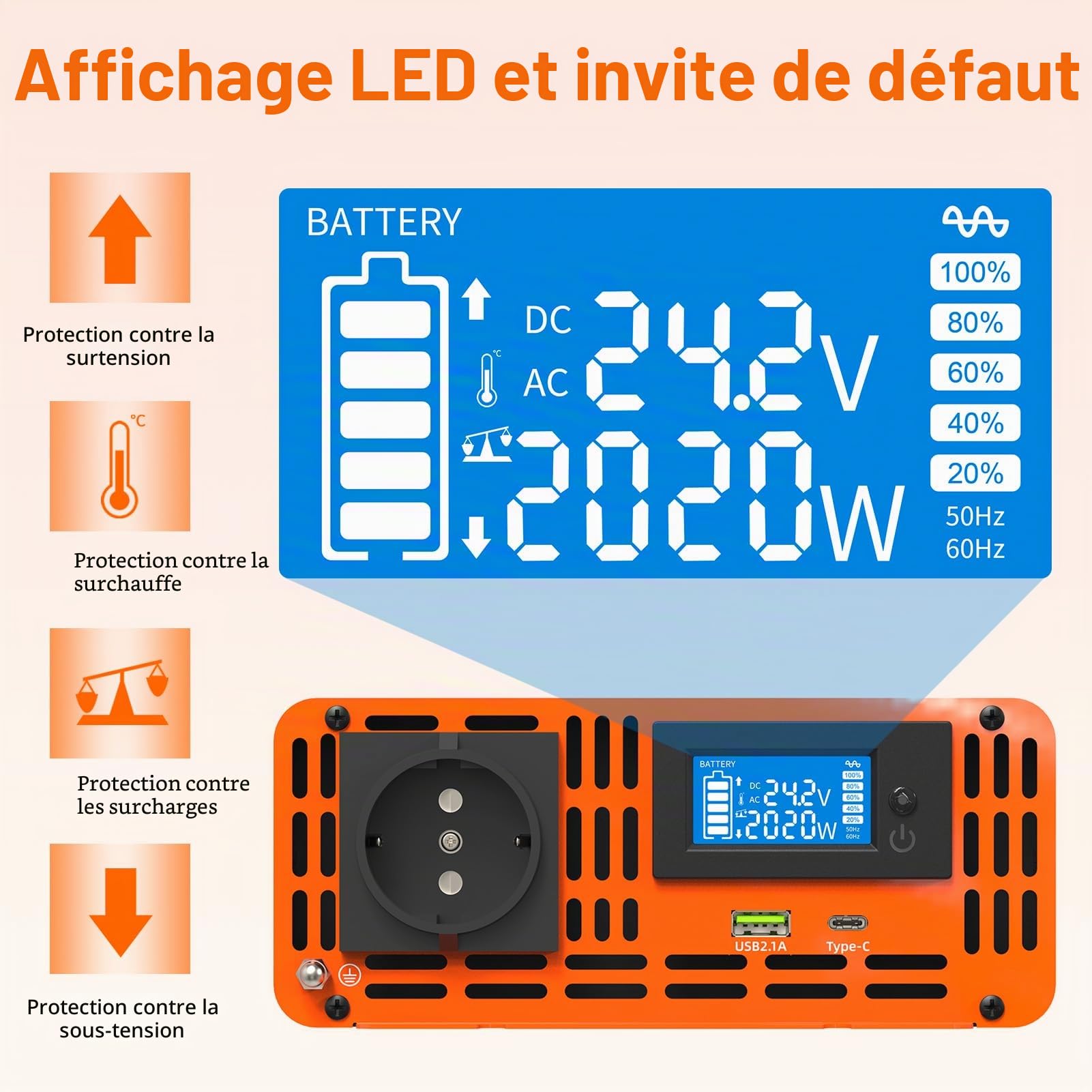 DATOUBOSS Convertisseur 24v 220v/230v Pur Sinus 2000W/4000W, Convertisseur 24v 220v Camion avec 1 Prise EU de Courant Alternatif et 1 Port USB avec 1 Type-c Port et Écran LCD de Pointe