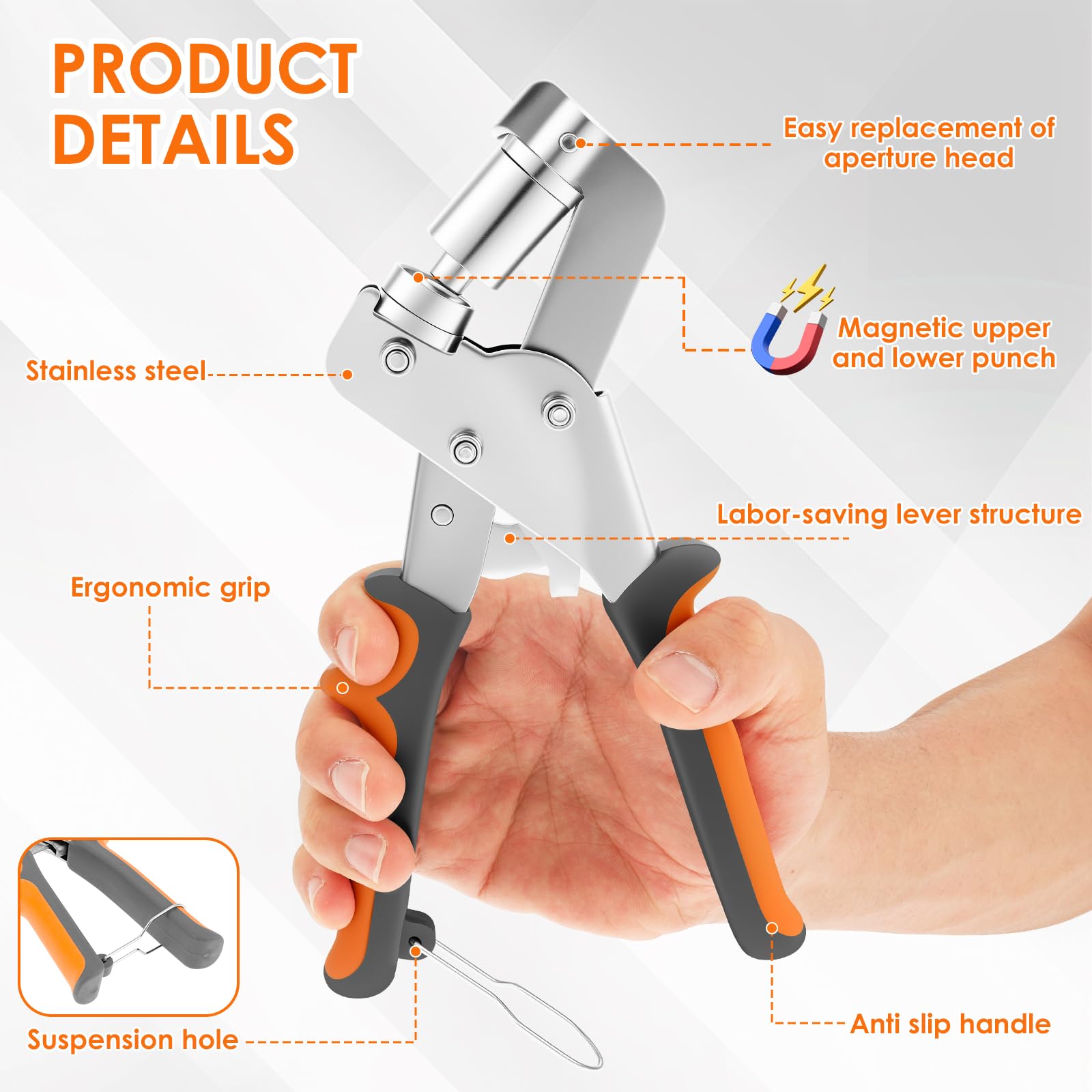 Set de pince à œillets professionnelle, Presse à œillets magnétique avec 200 œillets inoxydables (100 pièces Ø6mm et 100 pièces Ø10mm), Pince à œillets avec tête de découpe interchangeable pour
