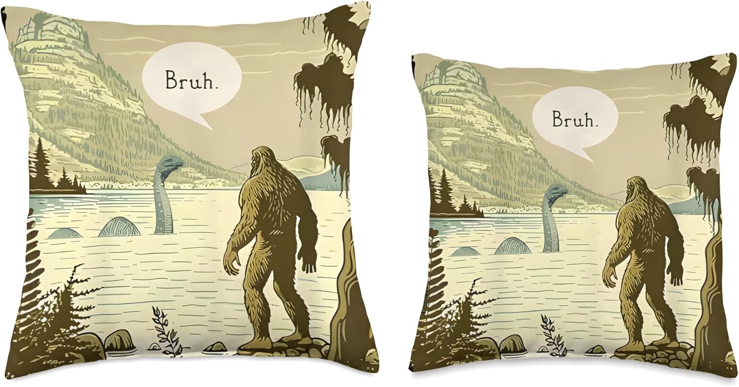 Funny Sasquatch Loch Ness Monster Funny Bigfoot Bruh Throw Pillow
