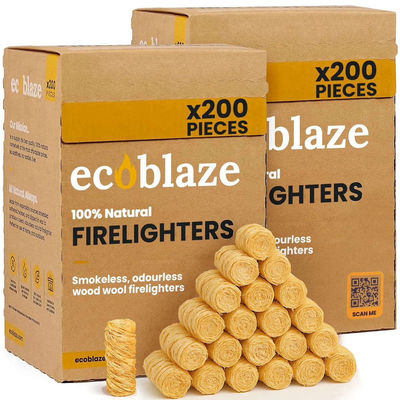 400 Ecoblaze Natural Firelighters | 2 x 200 Box | Long Burning, Fast Lighting, Odourless Wool Starters | Kindling Wood, BBQ Lighter Kit, Firestarter for Pizza Ovens, Log & Wood Burners, Fire Pits