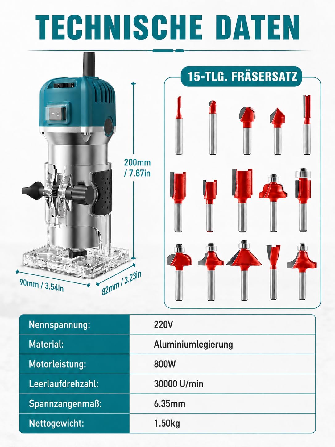 VOBOR Holzfräse Oberfräse, 800W 30000 U/min Elektrik Kantenfräse mit 15 Pcs 1/4" Fräsen Cuter, 6 Variable Geschwindigkeiten 6mm, 6.35mm Spannzange für die Holzbearbeitung
