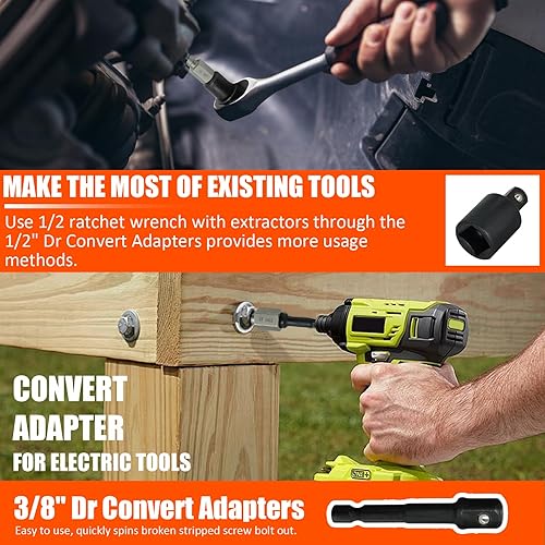 Miniatura 6 de Juego de 27 extractores de tornillos, kit extractor de pernos fácil de sacar con unidad inferior de 38 pulgadas, extractores multilínea para quitar