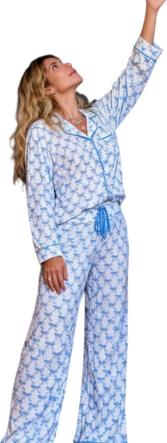 Womens 2 Piece Cute Pajama Sets Bow Button Long Sleeve Pjs Wide Leg Pants with Pocket Casual Loungewear - Image 5