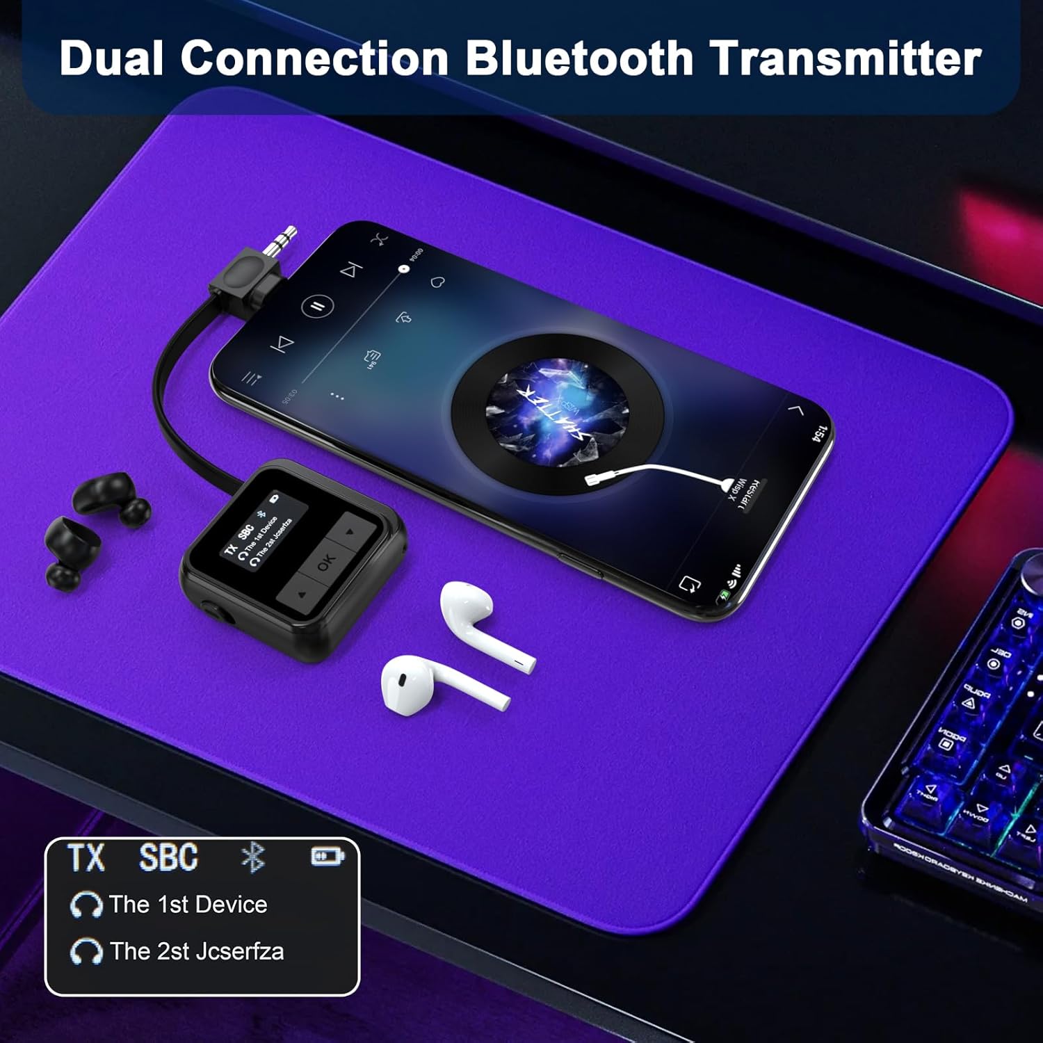 Bluetooth Adapter for Airplane, 2-in-1 Bluetooth Transmitter Receiver for TV, PS4, Switch, Game, PC, Car, Speaker, Type C and 3.5mm AUX Jack Wireless Audio Transmitter Adapter, Supports 2 Headphones