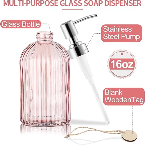 Miniatura 2 de Dispensador de Jabón de 16OZ con Bomba de Acero Inoxidable 304, Dispensador de Jabón Recargable de Vidrio Transparente con Rayas de Moda,