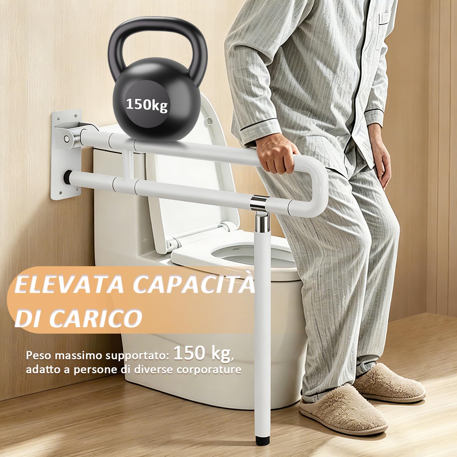 YUCHENGTECH Maniglione Bagno Disabili Ribaltabile 75cm Maniglia Doccia Anziani Acciaio Inox Maniglione per WC per Anziani Disabili Incinta,Supporta 150KG,Bianco