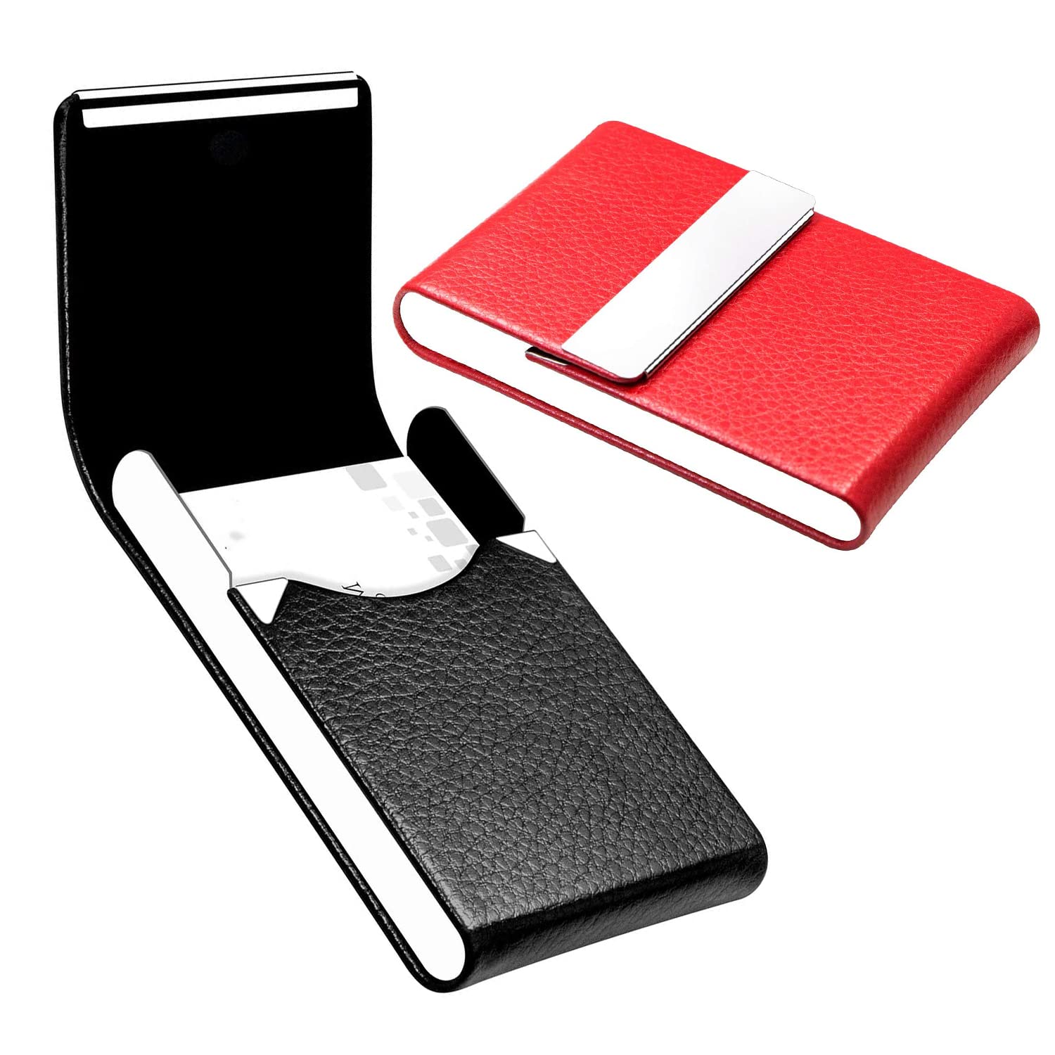 TuklyeAmzuia 2 Pack Business Card Holder Case, Metal Professional PU Leather Business Card Holders for Men & Women,Slim Metal Pocket Card Holder with Magnetic Shut( Black,Red)