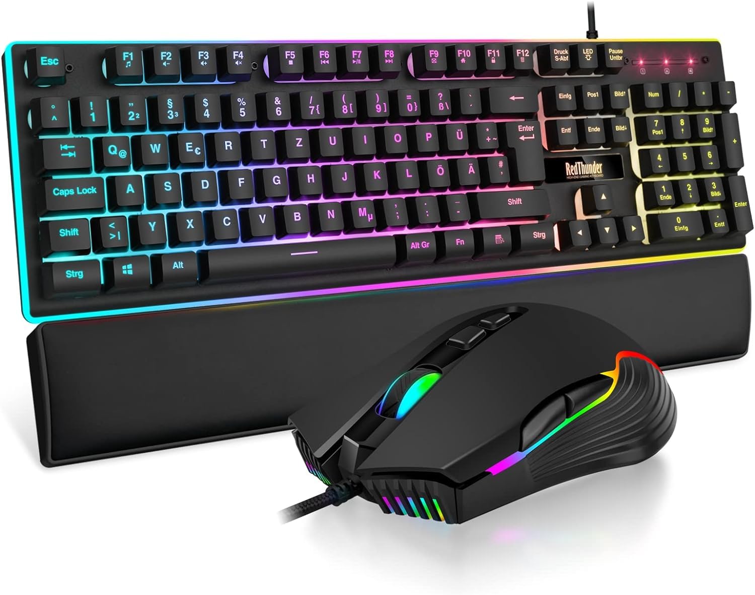 Set tastiera e mouse da gaming, K10 layout QWERTZ DE, piastra in metallo e poggiapolsi, retroilluminazione RGB e 7D con ergonomico, per PC gamer (nero)