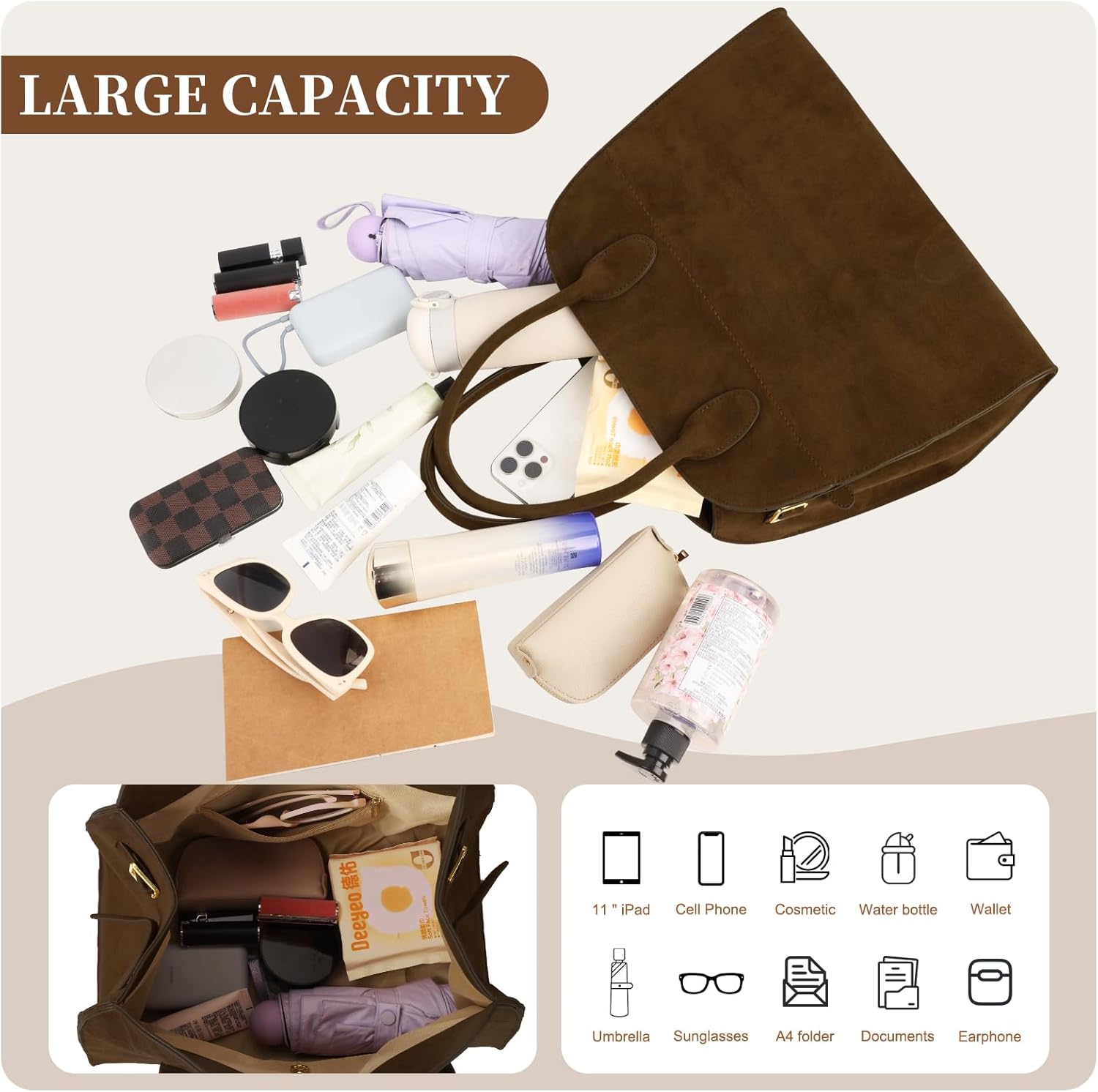 Suede Tote Bag for Women,Women's Suede Purse Vintage Top Handle Bag,Fashion Shoulder Satchel Bag for Office Travel - Image 7