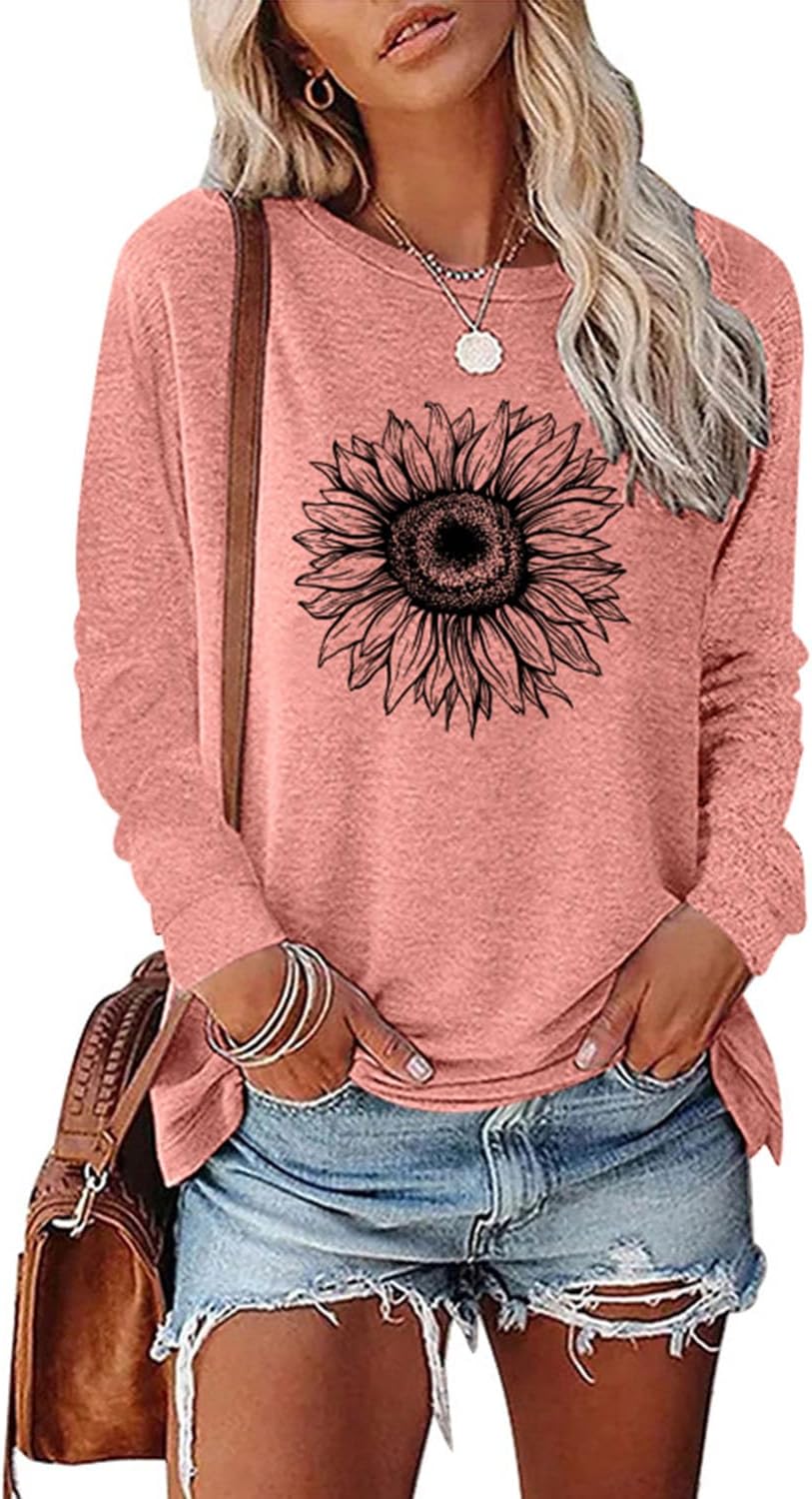 FAOUEOW Womens Crewneck Graphic Sweatshirt Tops Fashion Sunflower Floral Printed Casual Cotton Long Sleeve Tees Shirt