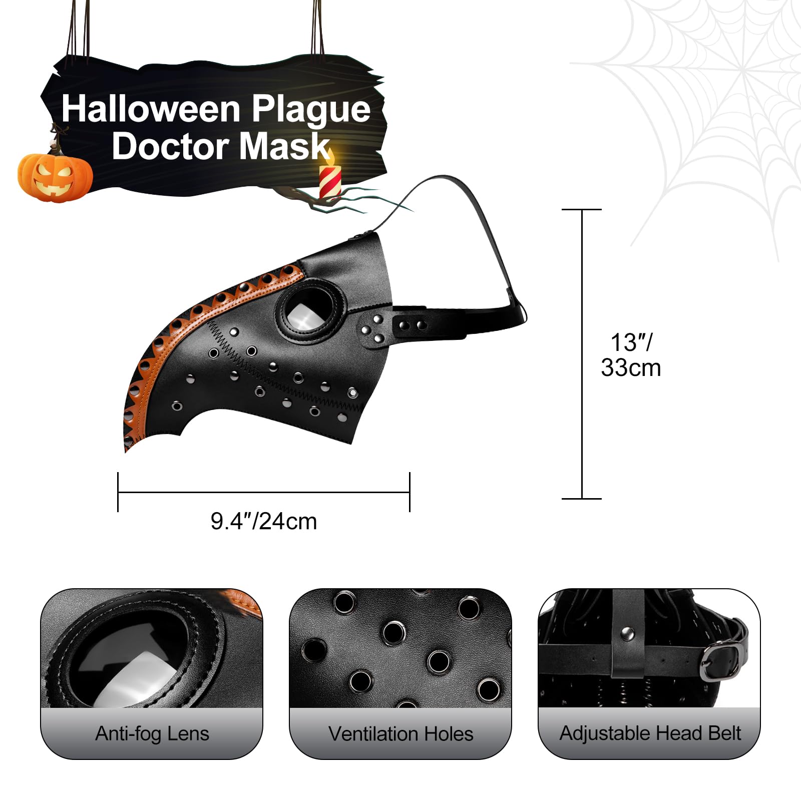 Lifreer Plague Doctor Mask - Steampunk Bird Mask Costume for Adults Black & Orange with Gloves & Hooded Cloak Cape for Gothic Halloween - Image 2
