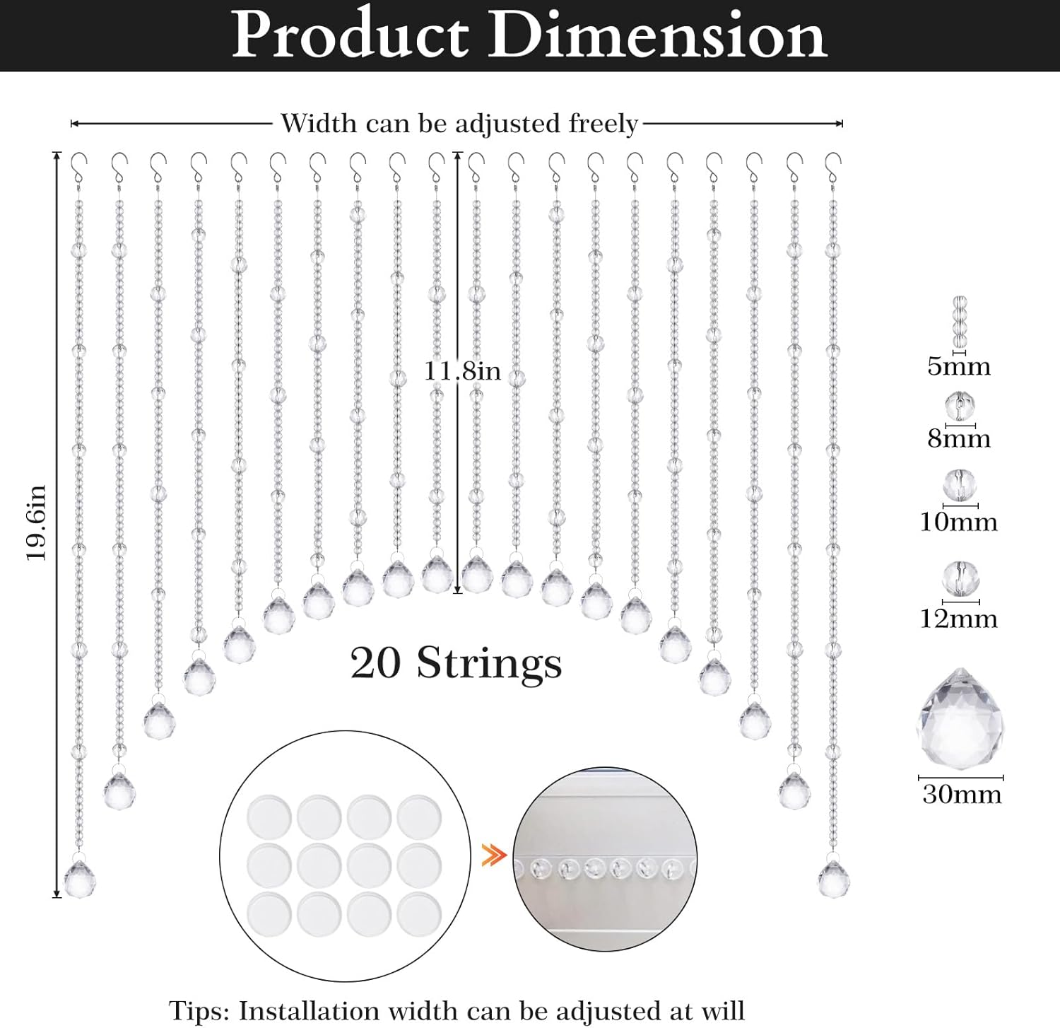 BECHAEO Arched Crystal Beaded Curtain with 20 Large Crystal Balls, Hanging Door Beads Valance for Doorway Window, 20 Strings Clear