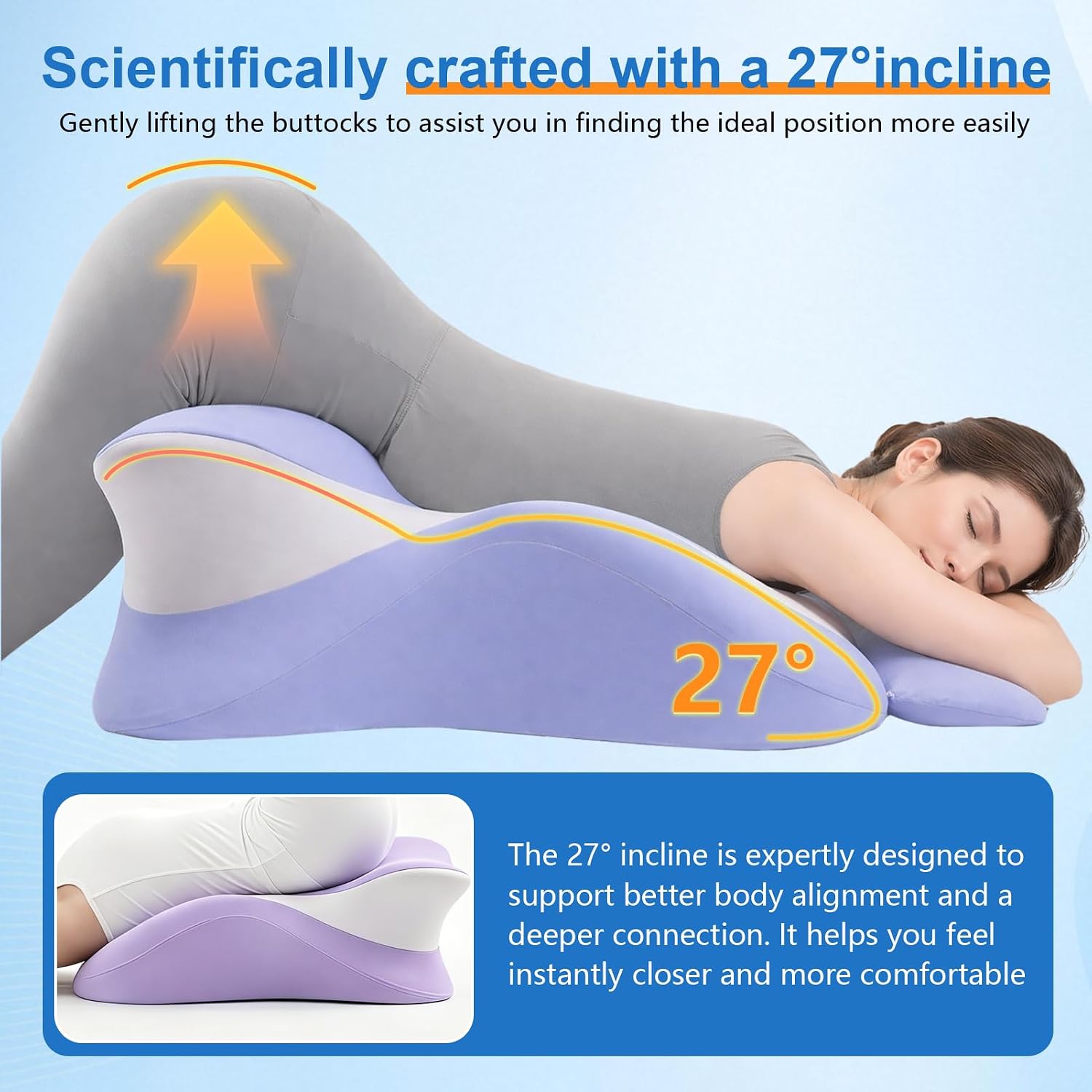 Memory Foam Wedge Pillow, Ergonomic Contoured Intimacy Couples Pillow, 27° Angled Neck Support Pillow Back Support Cushion, Multi-Functional Bed Position Pillow with Removable Cover Purple